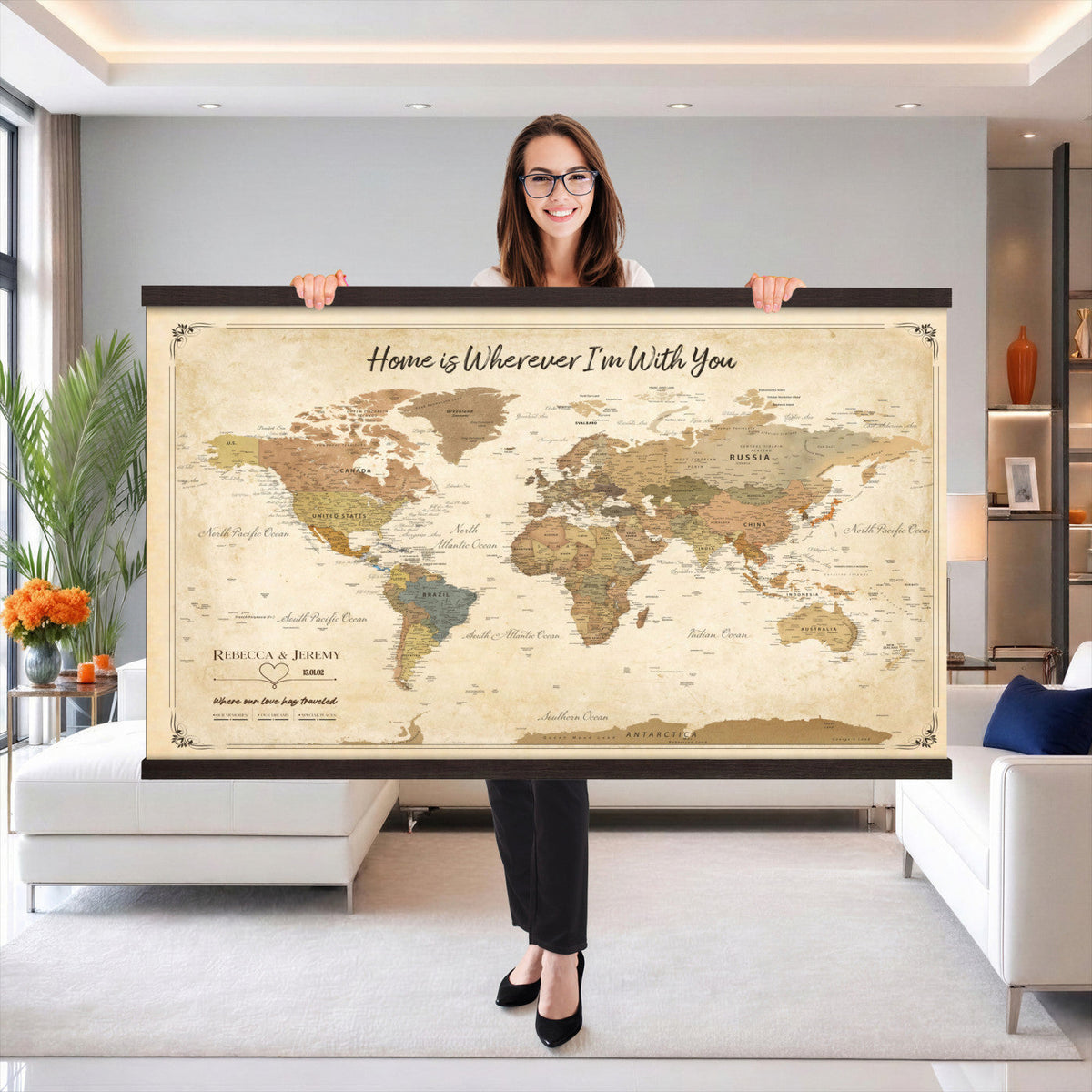 40086165-MGV-TP-30X20 - Framed Vintage Custom Push Pin World Map Canvas Print | Personalized Travel Map Wall Art