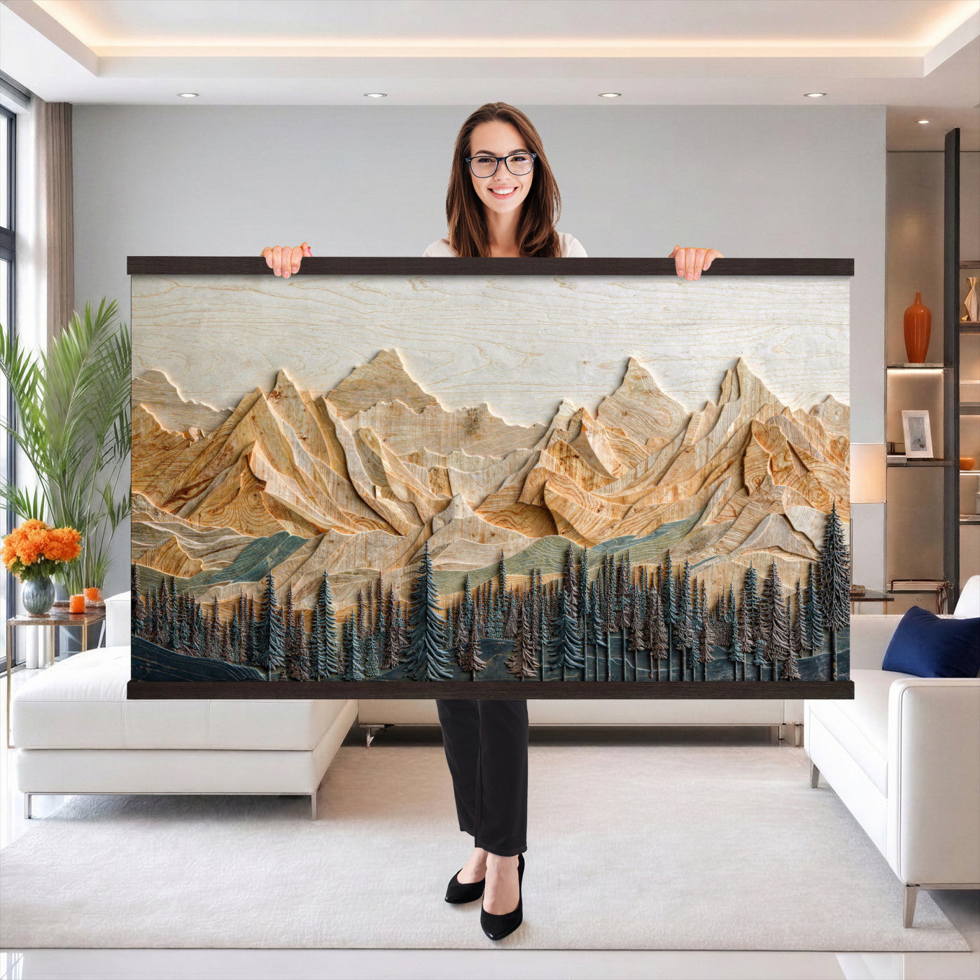 66676213-MGV-TP-30X20 - Geometric Wood Mountain Wall Art Canvas Print, 3D Look Rustic Mosaic Landscape Print