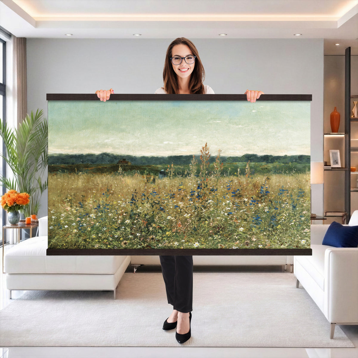 78325586-MGV-TP-30X20 - Realism oil painting tapestry wall hanging of "Champ fleuri" by Antoine Chintreuil, showing a wide flowering field running toward a low horizon, with soft scattered blooms and a pale open sky in soft white and green field tones under a pale luminous sky. Extra large wall art, made in the USA.
