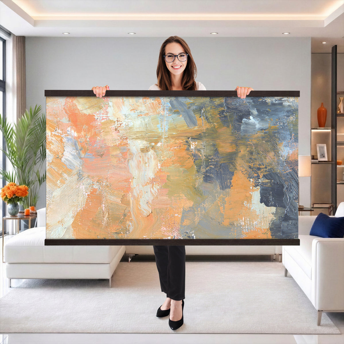 92754702-MGV-TP-30X20 - Cubism abstract oil painting tapestry wall hanging of "Abstract Landscape" by Nicolas de Stael, showing thick blocks of peach, grey, and cream laid side by side into a landscape that reads as pure shape and color in soft peach, warm grey, and cream color blocks. Extra large wall art, made in the USA.