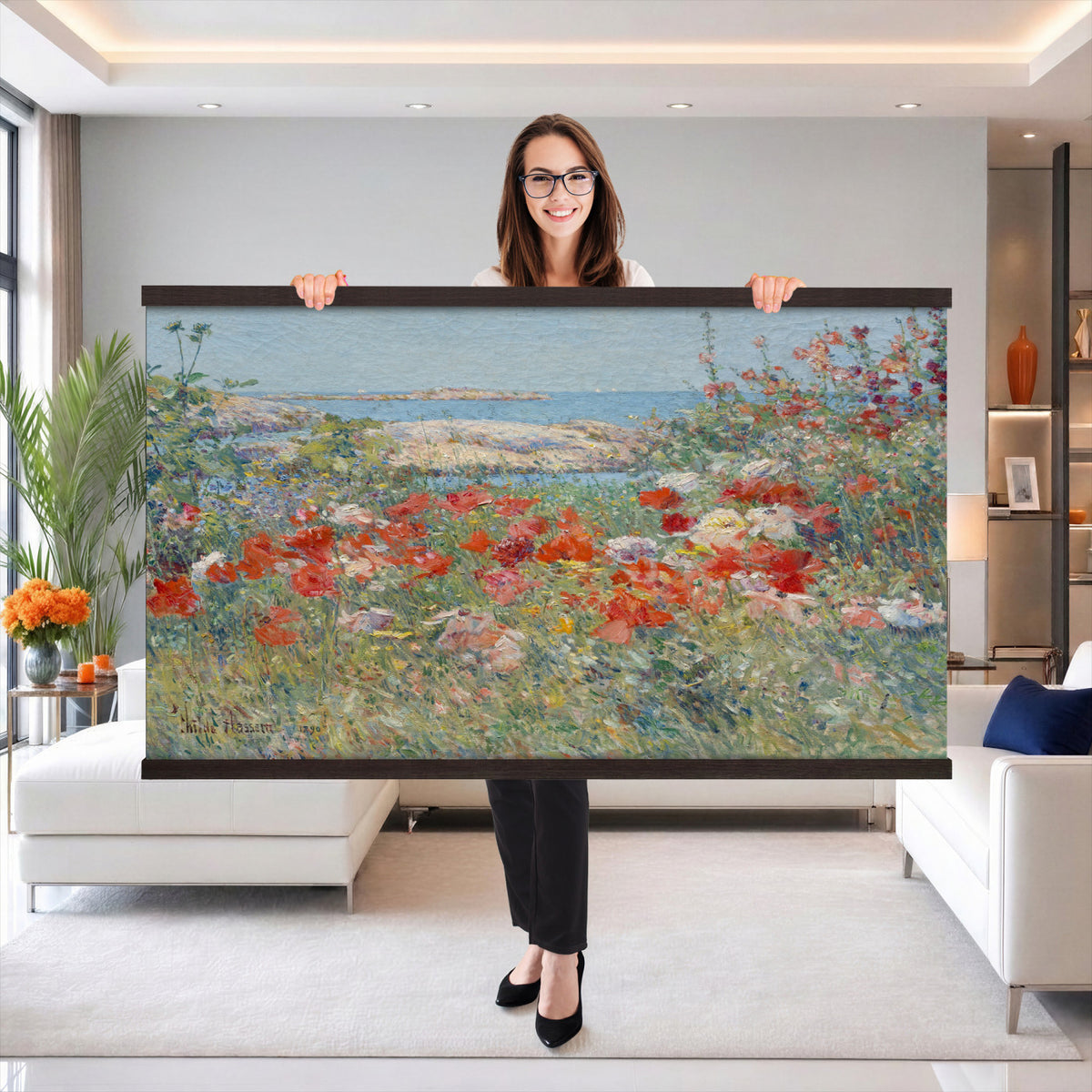 16720314-MGV-TP-30X20 - Impressionism oil painting tapestry wall hanging of "Celia Thaxter's Garden, Isles of Shoals" by Childe Hassam, showing a cliffside garden bursting with red poppies above a bright blue sea and rocky island shore in vivid red poppies against deep blue sea and green garden foliage. Extra large wall art, made in the USA.