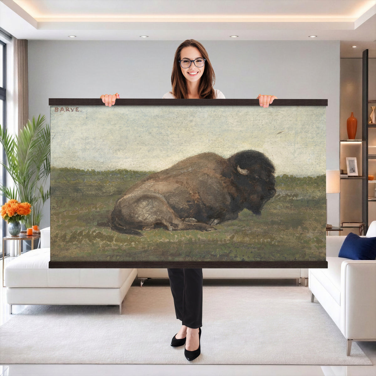 59987270-MGV-TP-30X20 - Realism oil painting tapestry wall hanging of "Bison Lying Down" by Antoine-Louis Barye, showing a heavy bison at rest on open prairie ground, painted with weight and quiet animal presence in deep brown bison coat against muted prairie grass and a low sky. Extra large wall art, made in the USA.