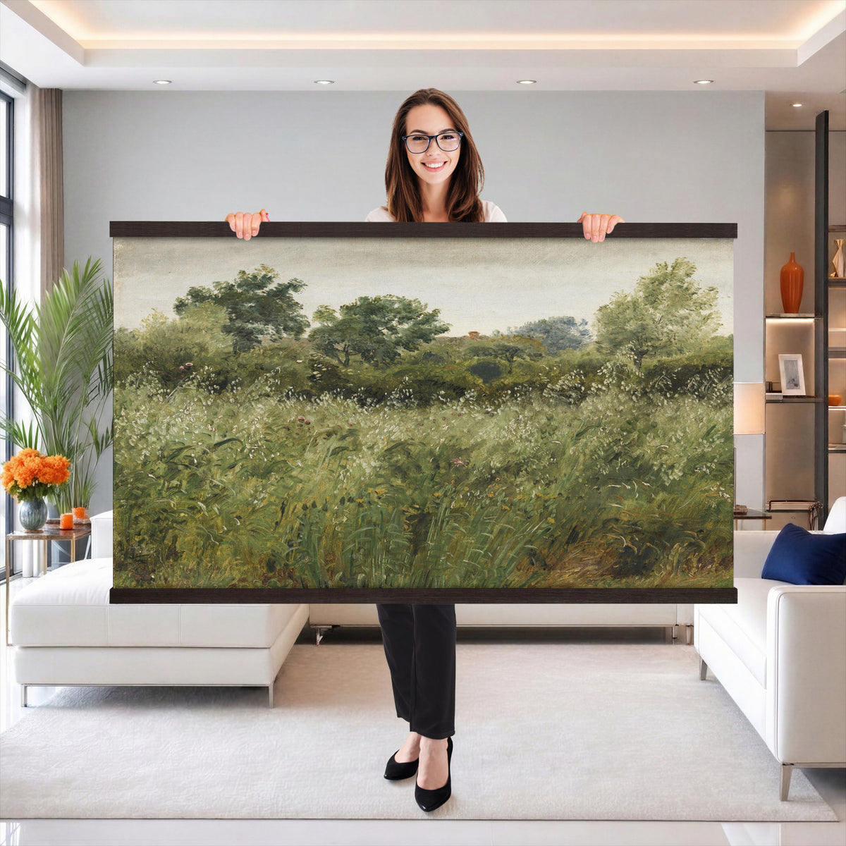 65790269-MGV-TP-30X20 - Realism oil painting tapestry wall hanging of "Field of Oats near Vejby" by Dankvart Dreyer, showing a ripe oat field bending in the breeze, with low farm buildings and a wide soft Danish sky beyond in warm golden oat tones with soft green edges under a pale wide sky. Extra large wall art, made in the USA.