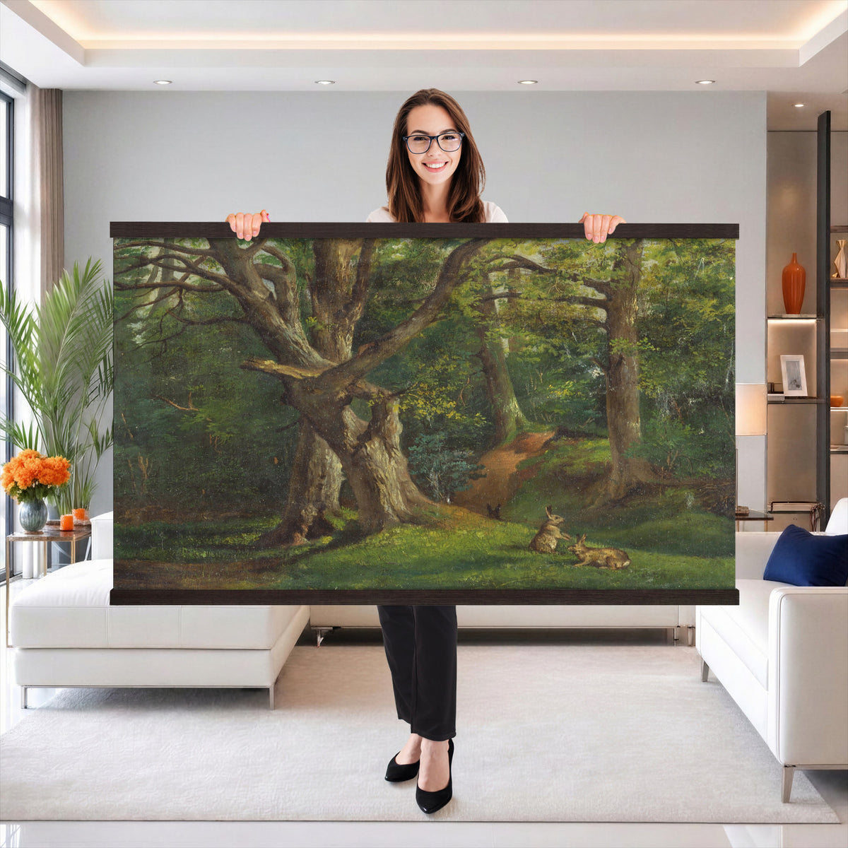 86376524-MGV-TP-30X20 - Barbizon oil painting tapestry wall hanging of "By the Brook" by Xavier De Cock, showing a shaded brook winding through dense woodland, with a small hidden figure resting among the trees in dark layered forest greens with warm brown earth and pale water light. Extra large wall art, made in the USA.