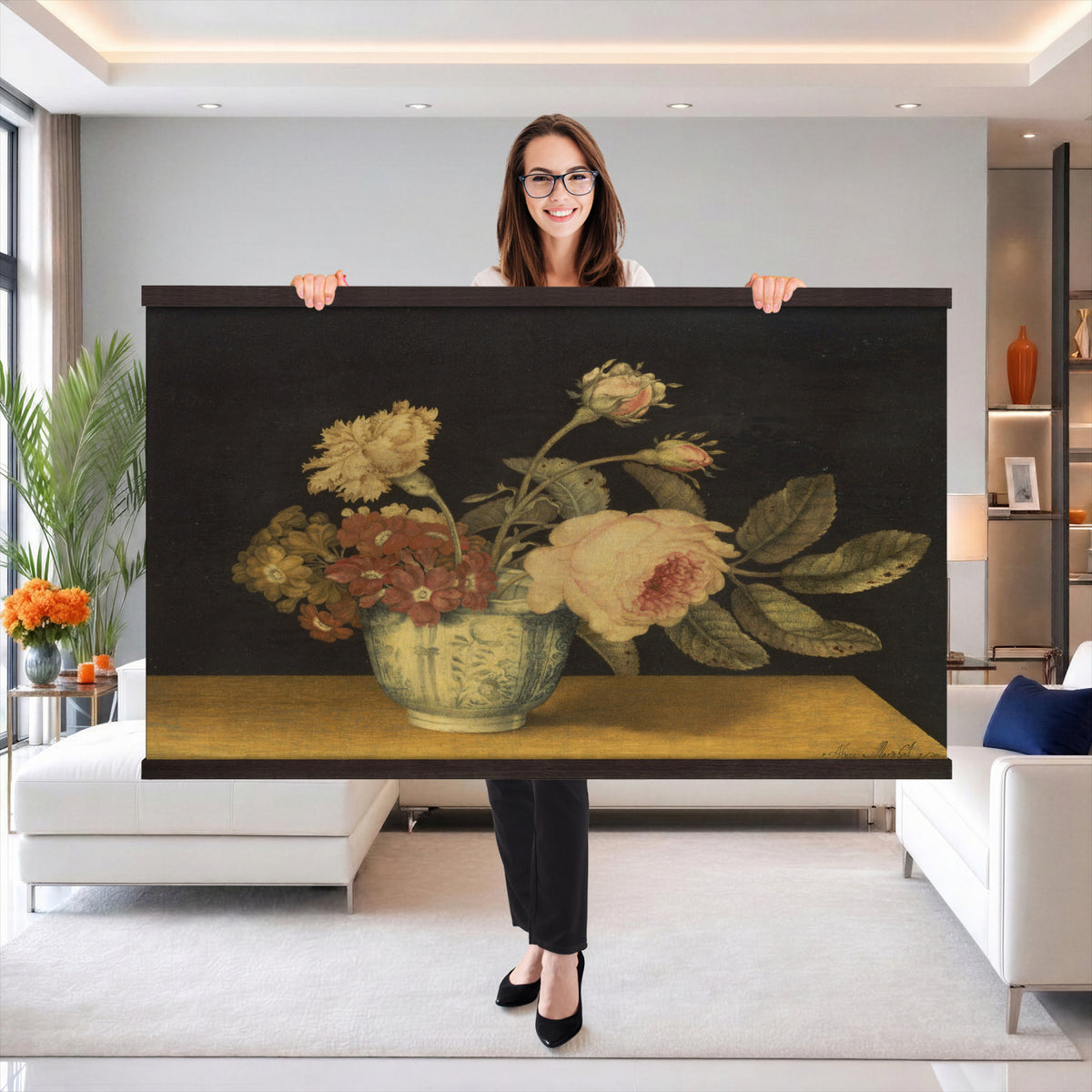 41160341-MGV-TP-30X20 - Impressionism oil painting tapestry wall hanging of "Golden Roses" by Olga Boznanska, showing a loose bunch of golden yellow roses in a glass vase, painted with soft dissolving edges against a warm ground in warm golden-yellow rose petals against a soft muted brown background. Extra large wall art, made in the USA.