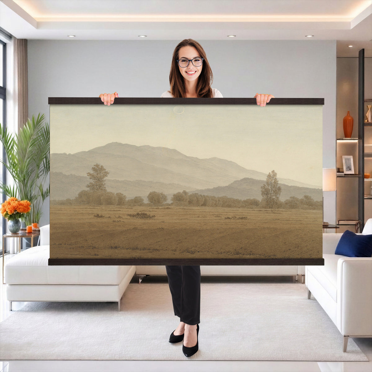 65089395-MGV-TP-30X20 - Realism oil study tapestry wall hanging of "Landscape Study at Grez-sur-Loing" by Frans Van Leemputten, showing an open field study at Grez-sur-Loing, with loose brushwork across low crops, hedgerows, and a soft French sky in soft field greens and warm earth tones under a pale washed sky. Extra large wall art, made in the USA.
