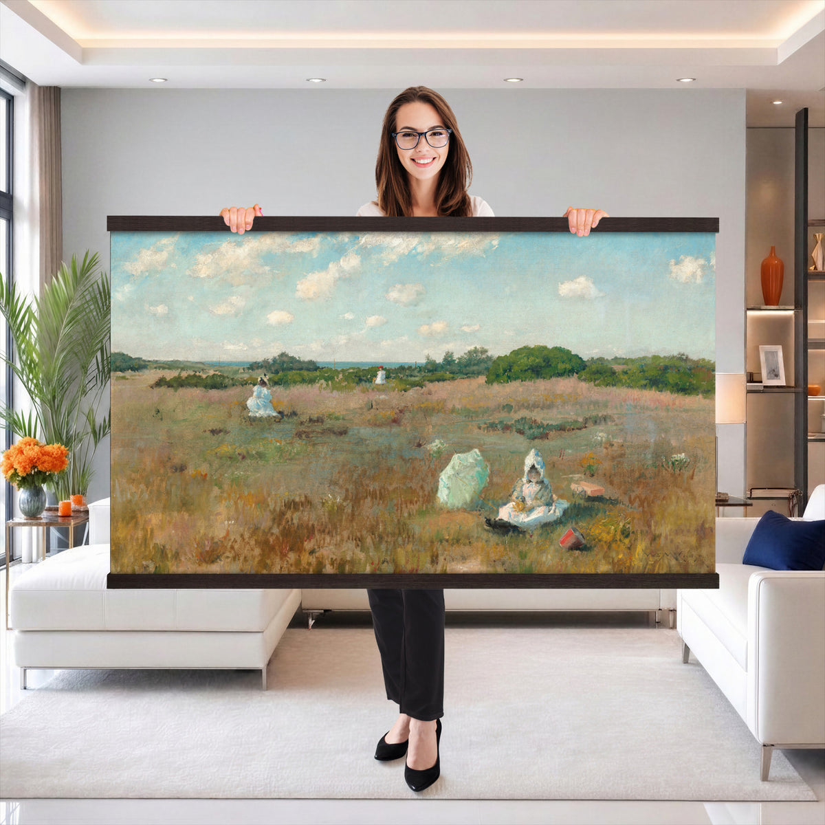 40367431-MGV-TP-30X20 - Impressionism oil painting tapestry wall hanging of "Pasture Land" by John Henry Twachtman, showing an open pasture in soft pastel light, a lone slender tree, and gently rolling ground fading into a pale horizon in pale golden field tones with soft dusty green and a hazy cream sky. Extra large wall art, made in the USA.