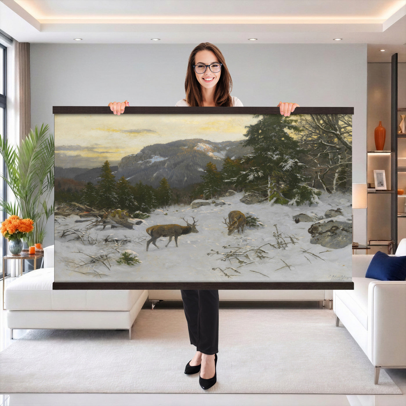 88363585-MGV-TP-30X20 - Realism oil painting tapestry wall hanging of "Rotwild" by Franz Xaver von Pausinger, showing a herd of red deer resting in a quiet clearing, tall grasses, and dark forest edges fading into soft light in warm russet deer coats against deep forest green and golden grass. Extra large wall art, made in the USA.