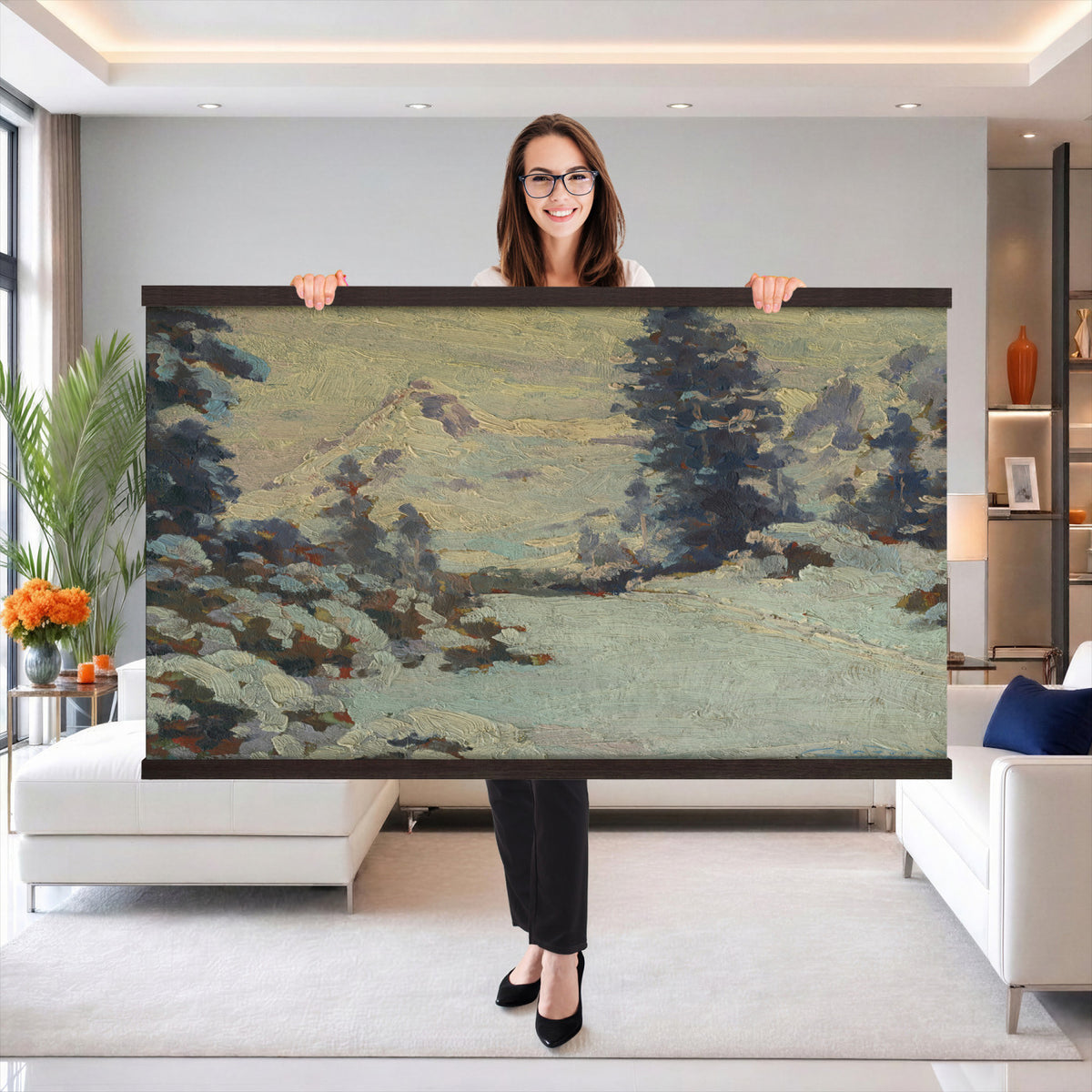 66869729-MGV-TP-30X20 - Realism oil painting tapestry wall hanging of "An Evening in March" by Charlotte Wahlstrom, showing bare late-winter trees along a still river, patches of melting snow, and a low golden evening light on the horizon in cool blue snow shadows against a warm amber sunset sky. Extra large wall art, made in the USA.