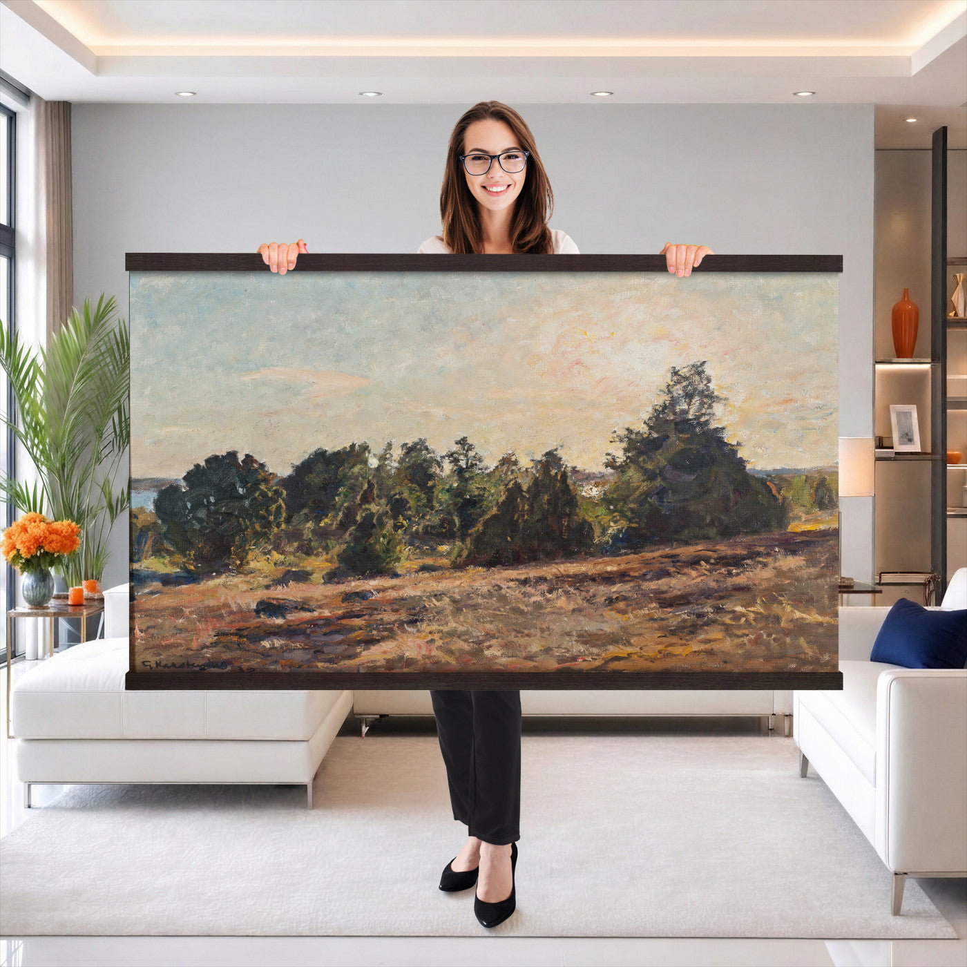 89318871-MGV-TP-30X20 - Impressionism oil painting tapestry wall hanging of "Landscape" by Jane Sutherland, showing a sunlit open field, dry golden grasses, and slender eucalyptus trees leaning under a bright southern sky in warm golden field tones with soft sage-green eucalyptus foliage. Extra large wall art, made in the USA.