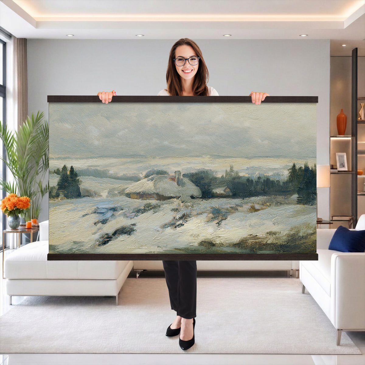 95240376-MGV-TP-30X20 - Realism oil painting tapestry wall hanging of "Bohmisch-Mahrische Hohe" by Ferdinand Engelmuller, showing a snow-covered highland village with low cottages, bare trees, and deep drifts stretching toward pale winter hills in cool white snow with warm ochre cottage walls under a pale winter sky. Extra large wall art, made in the USA.
