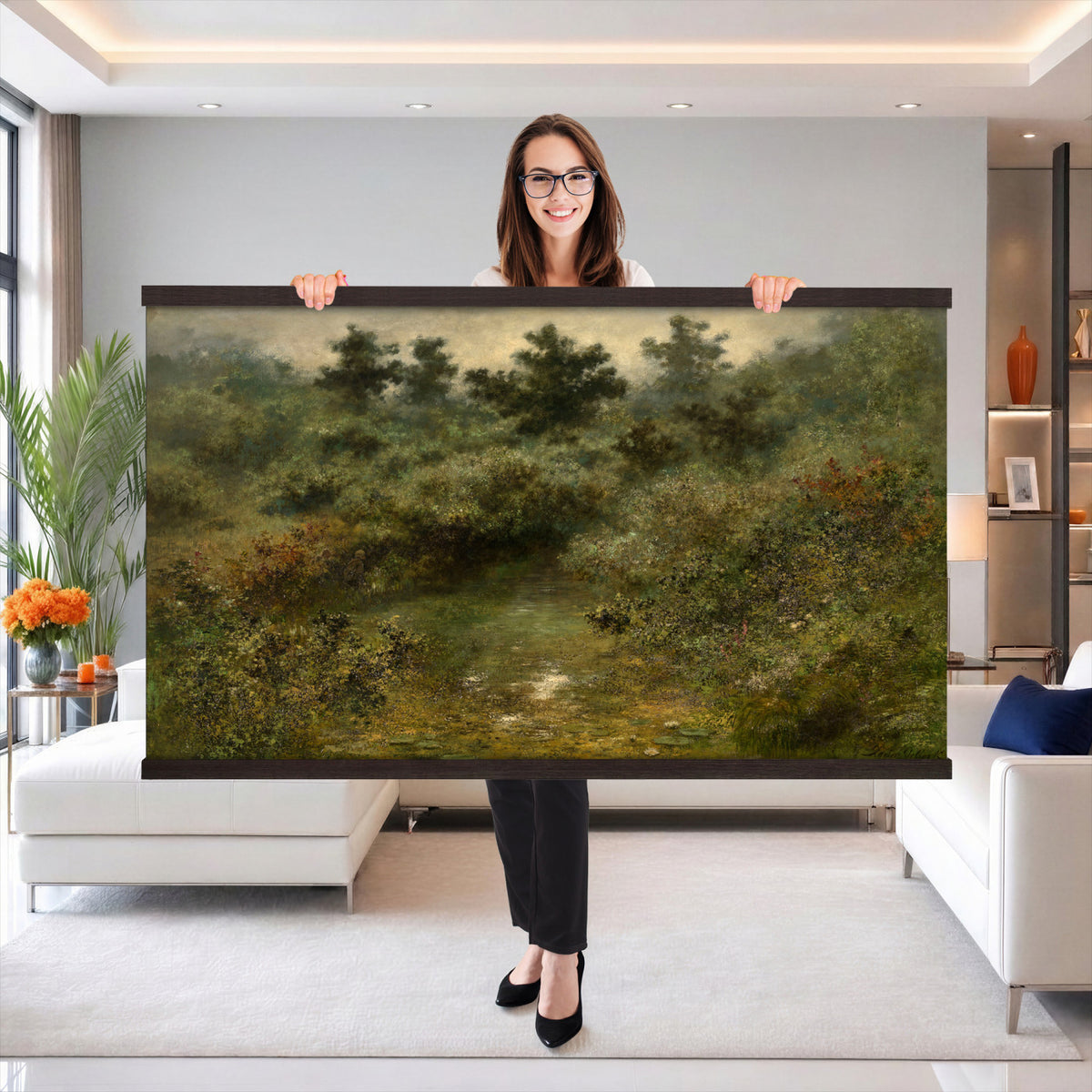 66880646-MGV-TP-30X20 - Barbizon oil painting tapestry wall hanging of "By the Brook" by Xavier De Cock, showing a shaded brook winding through dense woodland, with a small hidden figure resting among the trees in dark layered forest greens with warm brown earth and pale water light. Extra large wall art, made in the USA.
