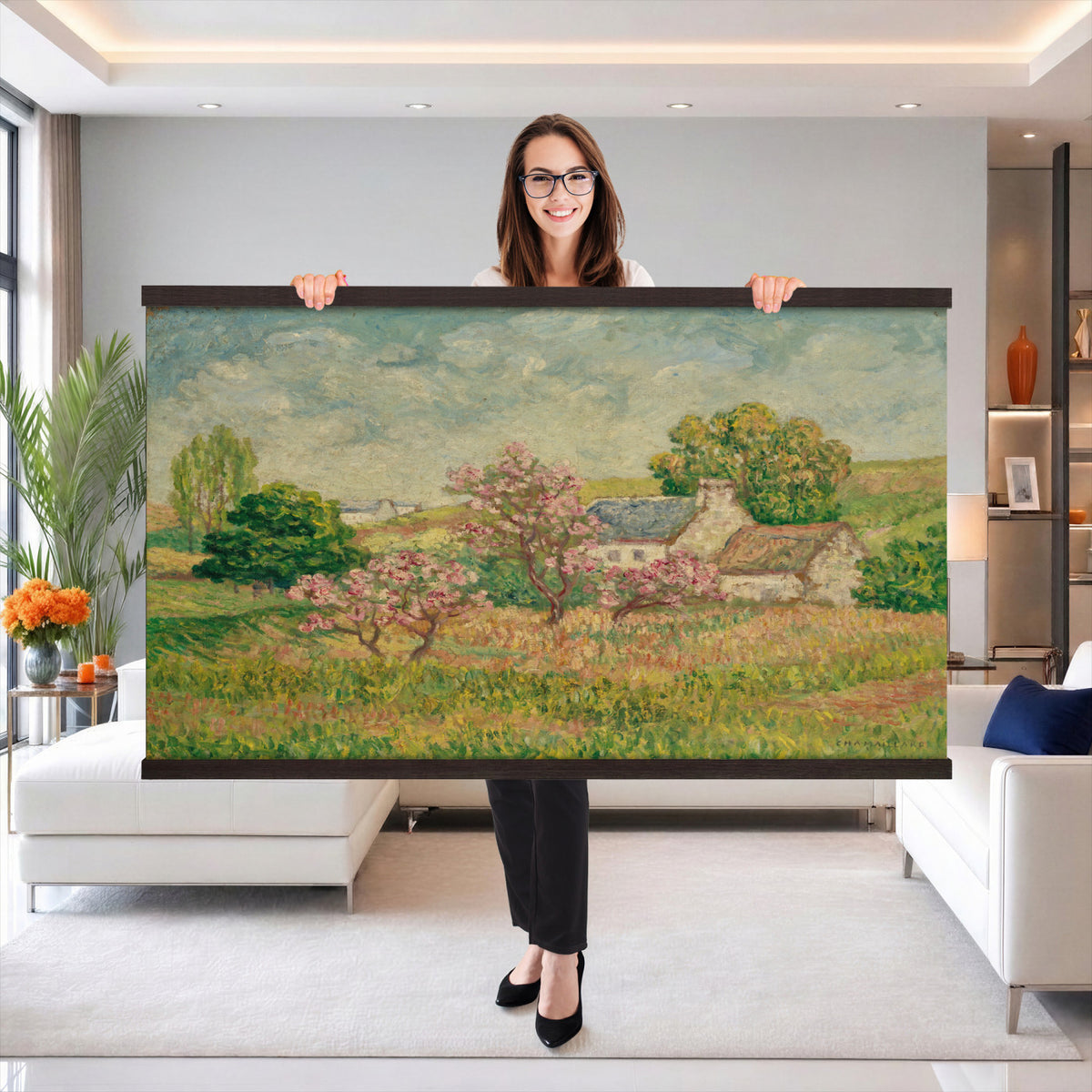 67494912-MGV-TP-30X20 - Post Impressionism oil painting tapestry wall hanging of "Spring" by Ernest de Chamaillard, showing a stone Breton cottage behind a blossoming tree in full pink bloom, with a bright spring garden around it in soft pink blossoms against grey stone walls and new spring green. Extra large wall art, made in the USA.