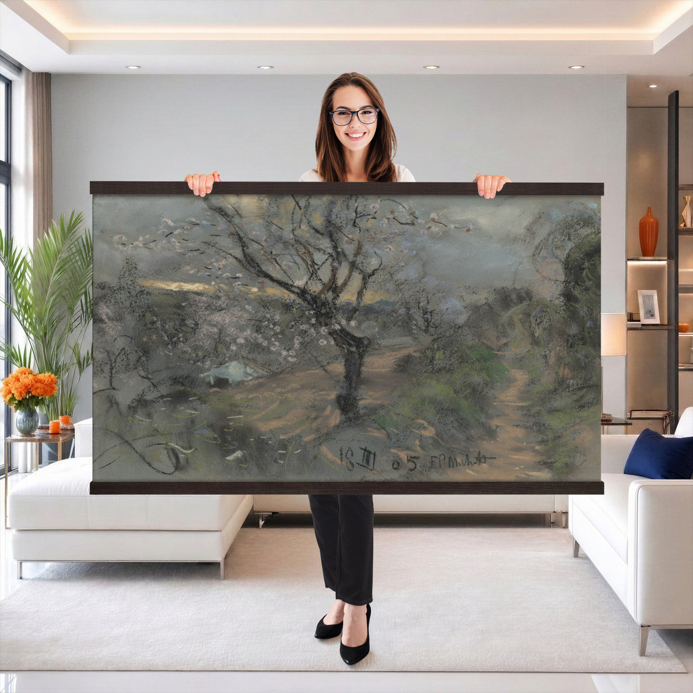 39102913-MGV-TP-30X20 - Realism charcoal and pastel sketch tapestry wall hanging of "Fields with Trees in Blossom" by Francesco Paolo Michetti, showing a dark country road running between blossoming trees, drawn in heavy charcoal under a low stormy sky in deep charcoal greys and blacks with pale blossom highlights. Extra large wall art, made in the USA.
