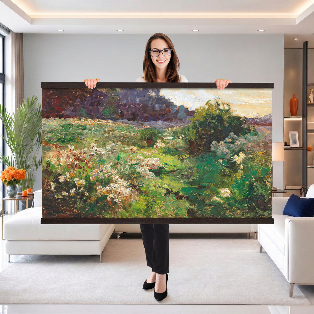 44961601-MGV-TP-30X20 - Impressionism oil painting tapestry wall hanging of "Flowering Meadow" by Olga Wisinger-Florian, showing a bright meadow of white wildflowers and green bushes rising toward a shaded purple hillside in white wildflowers and green bushes under a purple forest hillside. Extra large wall art, made in the USA.