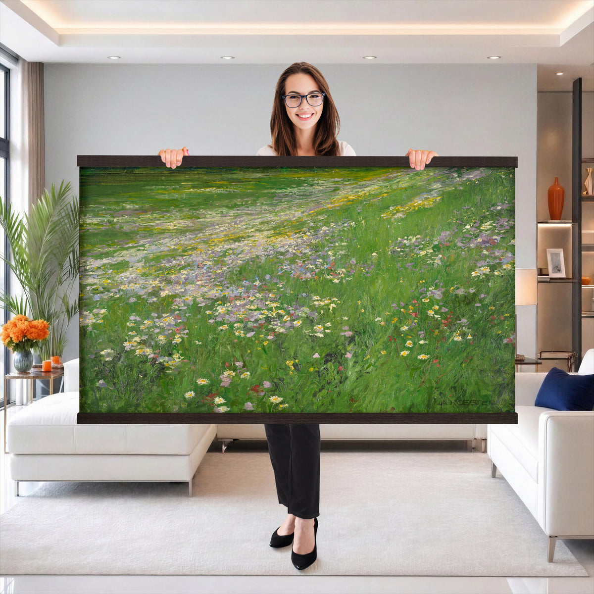 63535040-MGV-TP-30X20 - Impressionism oil painting tapestry wall hanging of "Wildflower Meadow", showing a wide meadow of daisies and summer wildflowers, painted in quick color strokes under warm open light in white daisies and yellow blooms across fresh green grass. Extra large wall art, made in the USA.