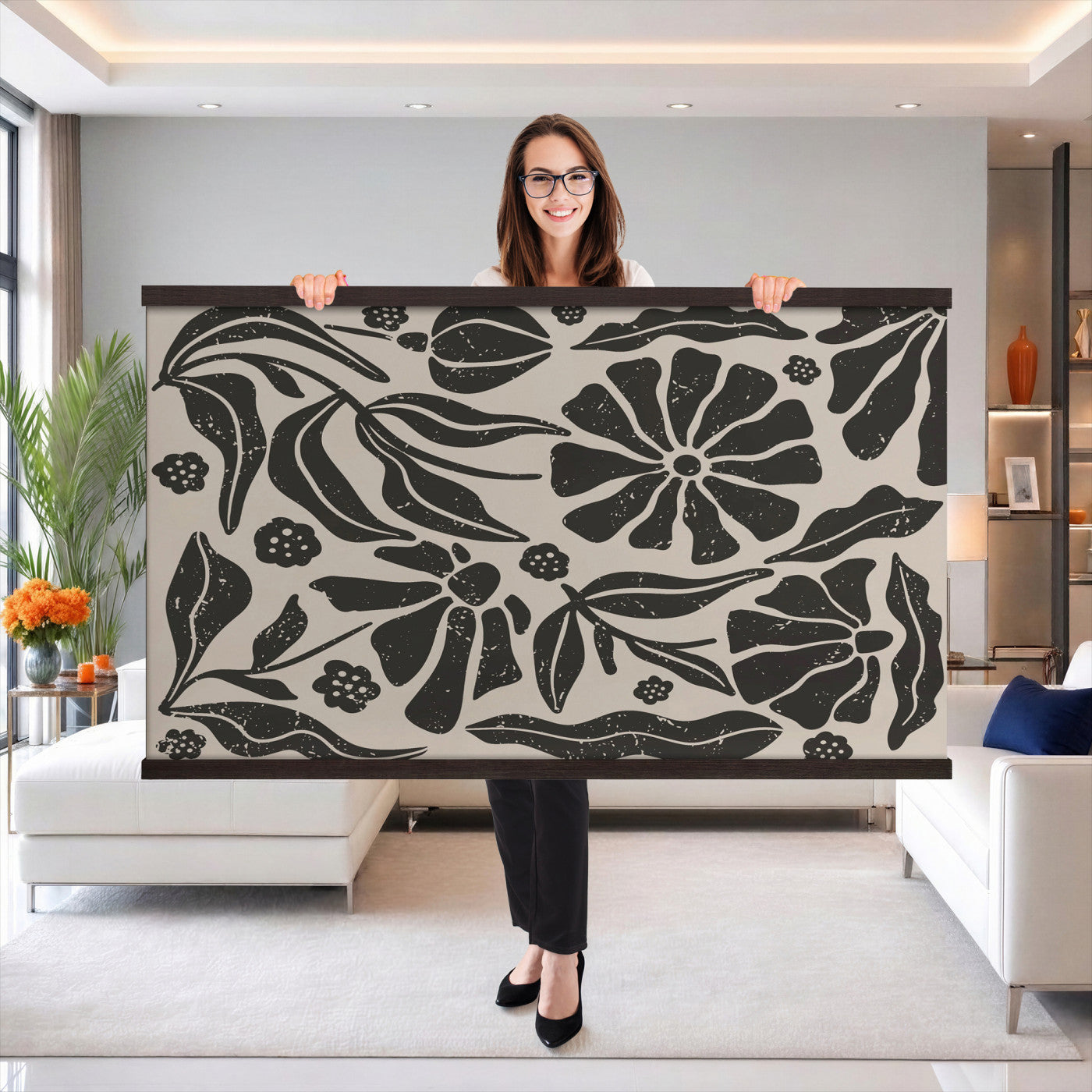 21342917-MGV-TP-30X20 - Mid Century Modern linocut print tapestry wall hanging of "Abstract Floral Linocut", showing simplified flower heads and stems cut into bold black shapes against clean white space in bold black shapes on a bright white ground. Extra large wall art, made in the USA.