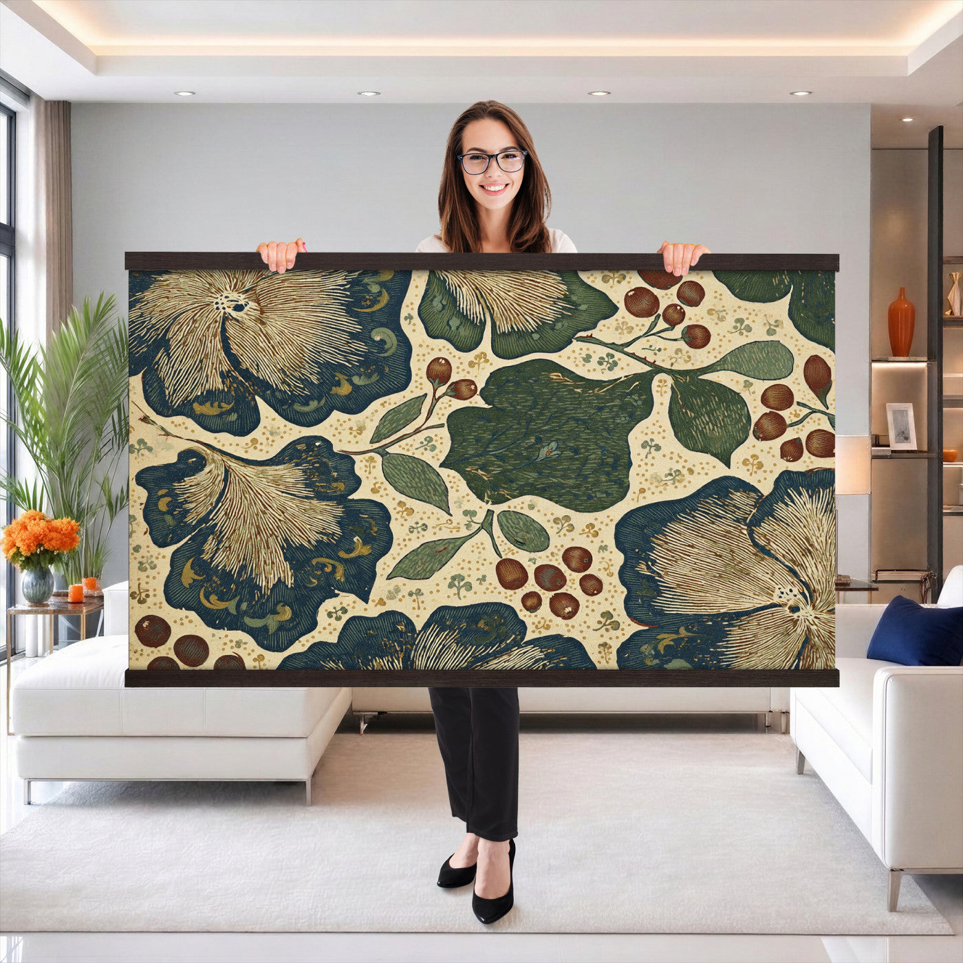 92325062-MGV-TP-30X20 - Art Nouveau pattern design tapestry wall hanging of "Sage Botanical Pattern" by William Morris, showing sage green stems, open flowers and layered foliage repeating in a balanced botanical weave in sage and olive green with soft cream botanical linework. Extra large wall art, made in the USA.