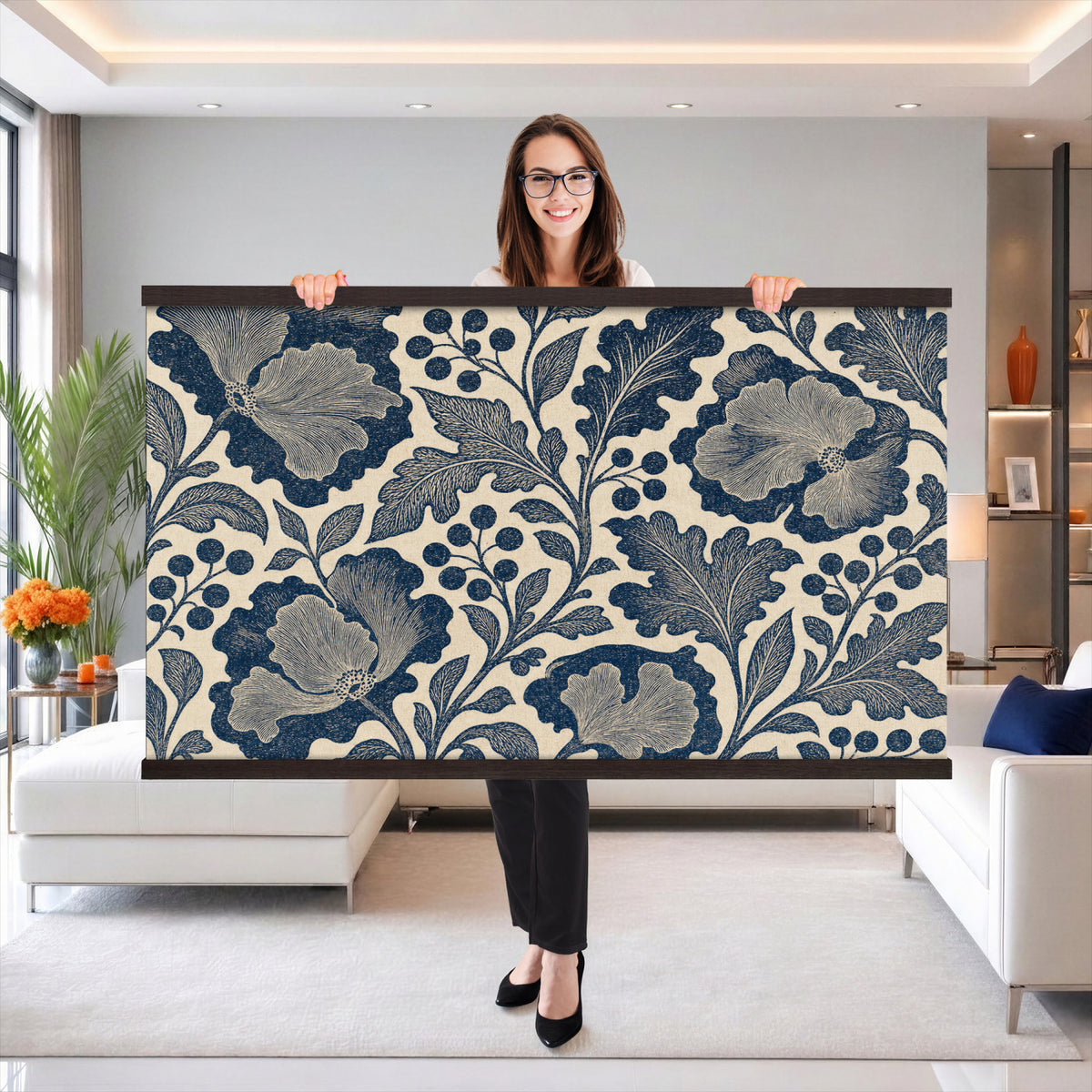 97130377-MGV-TP-30X20 - Art Nouveau pattern design tapestry wall hanging of "Indigo Botanical Pattern" by William Morris, showing trailing indigo stems, open blossoms and curling leaves repeating across the full width in deep indigo and cobalt blue with soft cream linework. Extra large wall art, made in the USA.
