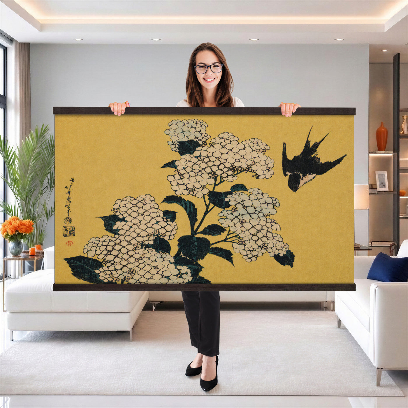 24787197-MGV-TP-30X20 - Ukiyo-e woodblock print tapestry wall hanging of "Hydrangea and Swallow" by Katsushika Hokusai, showing a swallow in flight above a full hydrangea head, drawn with the precise line of Japanese woodblock in soft blue hydrangea blooms with warm gold ground. Extra large wall art, made in the USA.