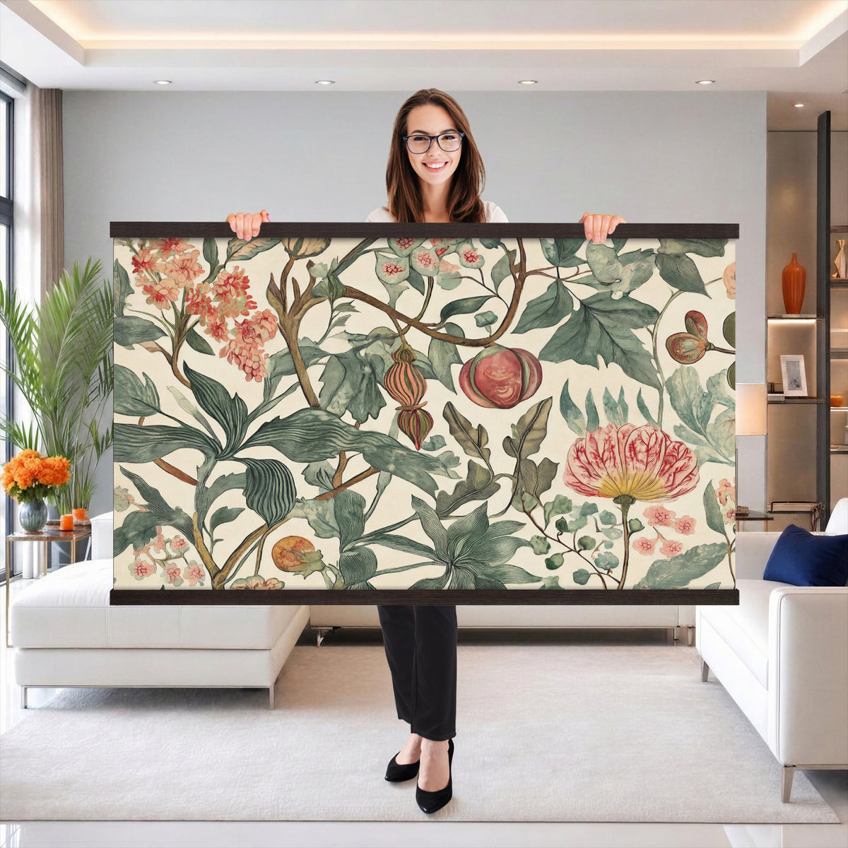 67322868-MGV-TP-30X20 - Art Nouveau pattern design tapestry wall hanging of "Pomegranate Botanical Pattern" by William Morris, showing a repeating weave of pomegranates, open blossoms and curling acanthus leaves in perfect balance in warm ruby fruit and deep green foliage on a cream ground. Extra large wall art, made in the USA.