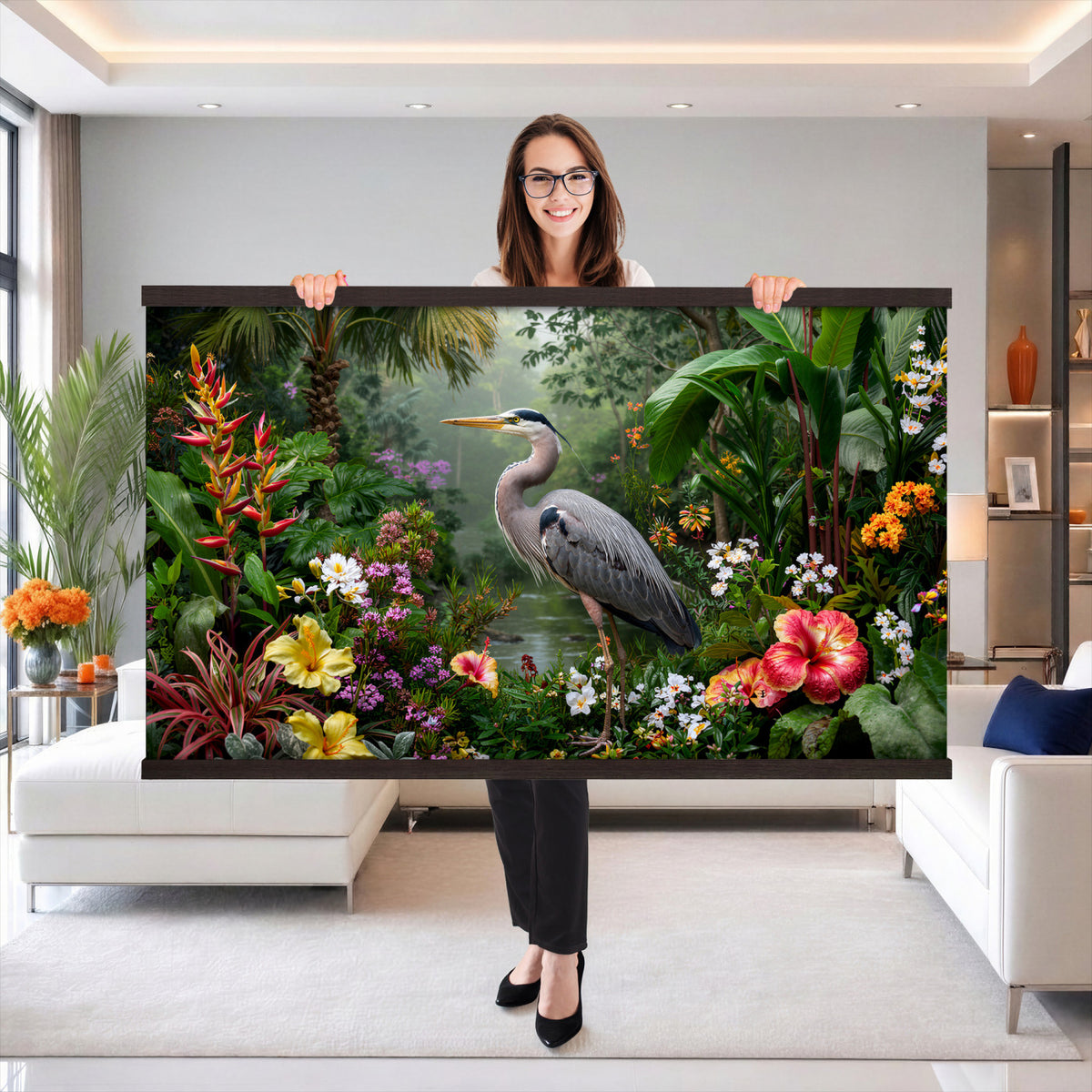 82504330-MGV-TP-30X20 - Botanical botanical illustration tapestry wall hanging of "Great Blue Heron in the Jungle", showing a great blue heron standing among hibiscus blooms, palm fronds and dense tropical foliage in deep jungle greens with red hibiscus and soft blue heron plumage. Extra large wall art, made in the USA.