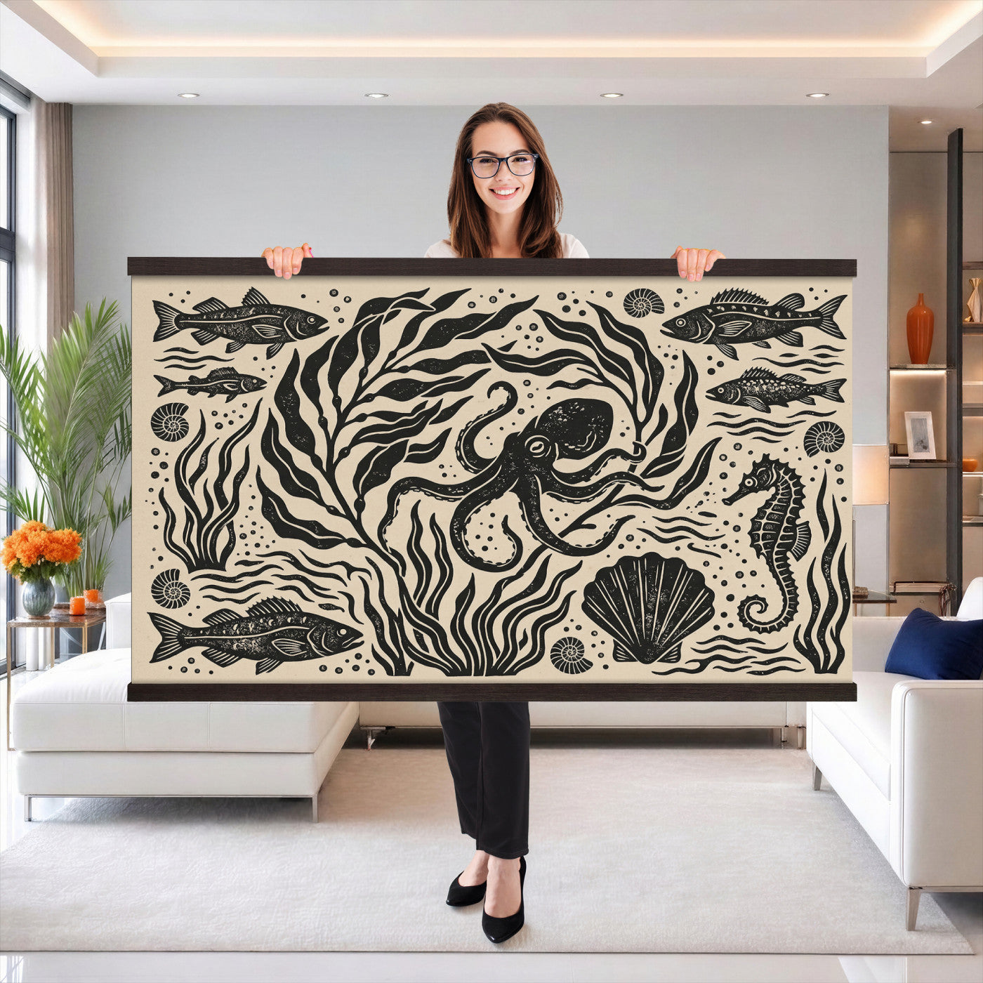 75988079-MGV-TP-30X20 - Folk Art linocut print tapestry wall hanging of "Ocean Life Panel", showing an octopus, seahorses, shells and curling waves cut into bold black and white folk art shapes in bold black linocut shapes on a cream ground. Extra large wall art, made in the USA.