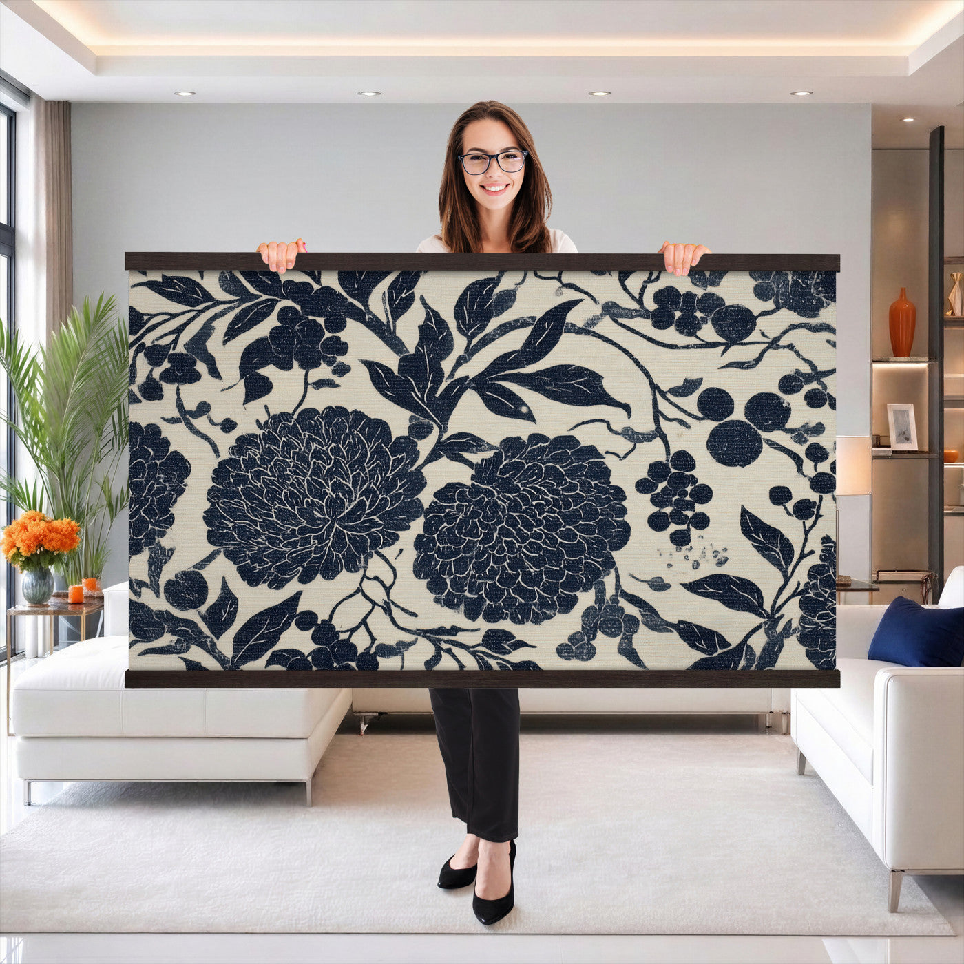 42507419-MGV-TP-30X20 - Chinoiserie ink block print tapestry wall hanging of "Chinoiserie Peony and Chrysanthemum Panel", showing peonies and chrysanthemums layered across a soft grey field, drawn in muted black line in black and soft grey linework on a warm neutral ground. Extra large wall art, made in the USA.