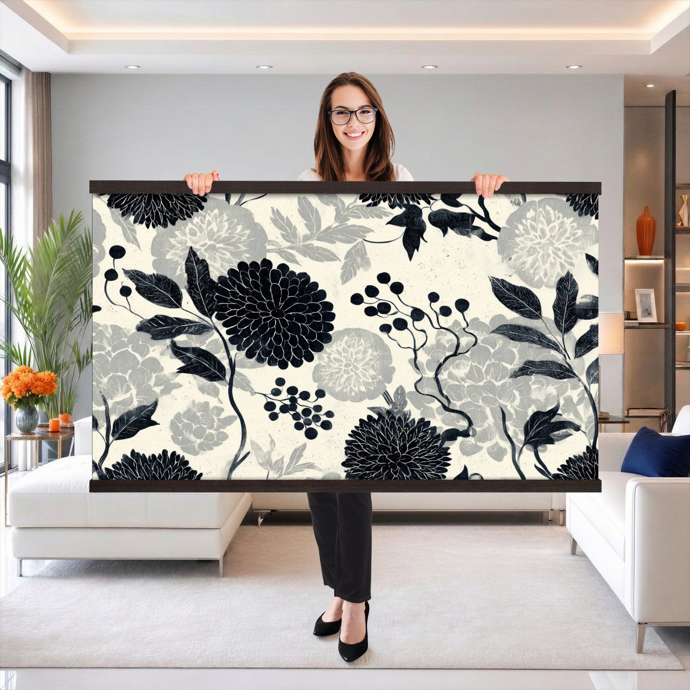 27269625-MGV-TP-30X20 - Chinoiserie ink block print tapestry wall hanging of "Chinoiserie Peony and Chrysanthemum Panel", showing peonies and chrysanthemums layered across a soft grey field, drawn in muted black line in black and soft grey linework on a warm neutral ground. Extra large wall art, made in the USA.