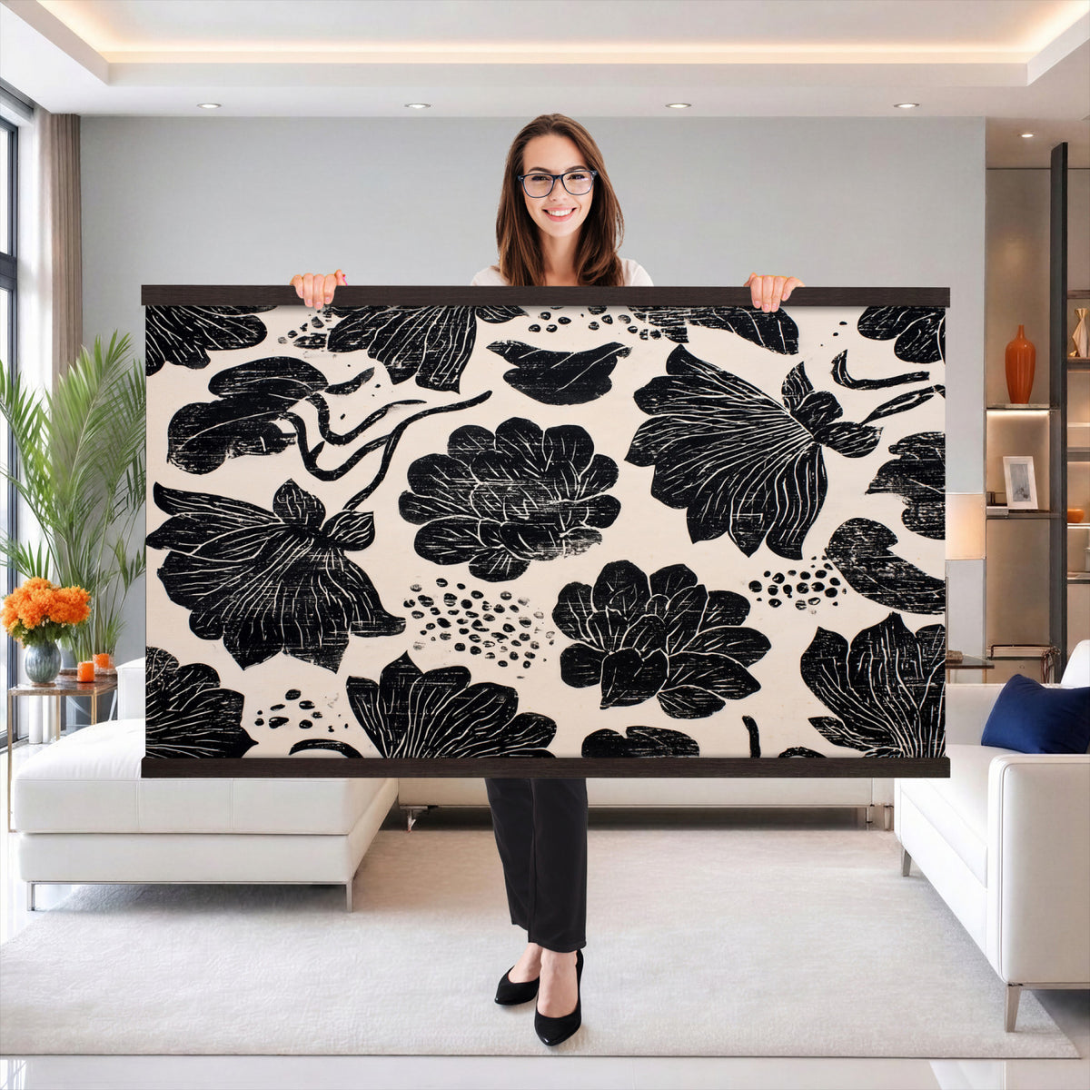 91793867-MGV-TP-30X20 - Chinoiserie ink block print tapestry wall hanging of "Chinoiserie Lotus Panel", showing open lotus flowers and broad water lily pads rising on tall stems, cut in bold black and white in deep black lotus linework on a soft white ground. Extra large wall art, made in the USA.