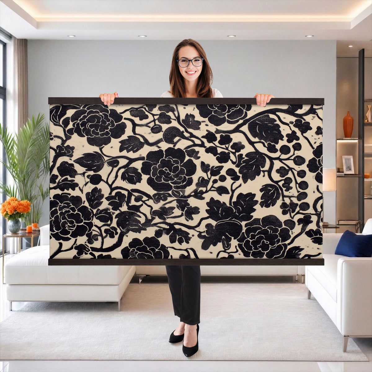 18660803-MGV-TP-30X20 - Chinoiserie ink block print tapestry wall hanging of "Chinoiserie Peony Panel", showing full peony blooms, curling stems and layered leaf work drawn in fine black line on a pale ground in deep black linework on a soft white ground. Extra large wall art, made in the USA.