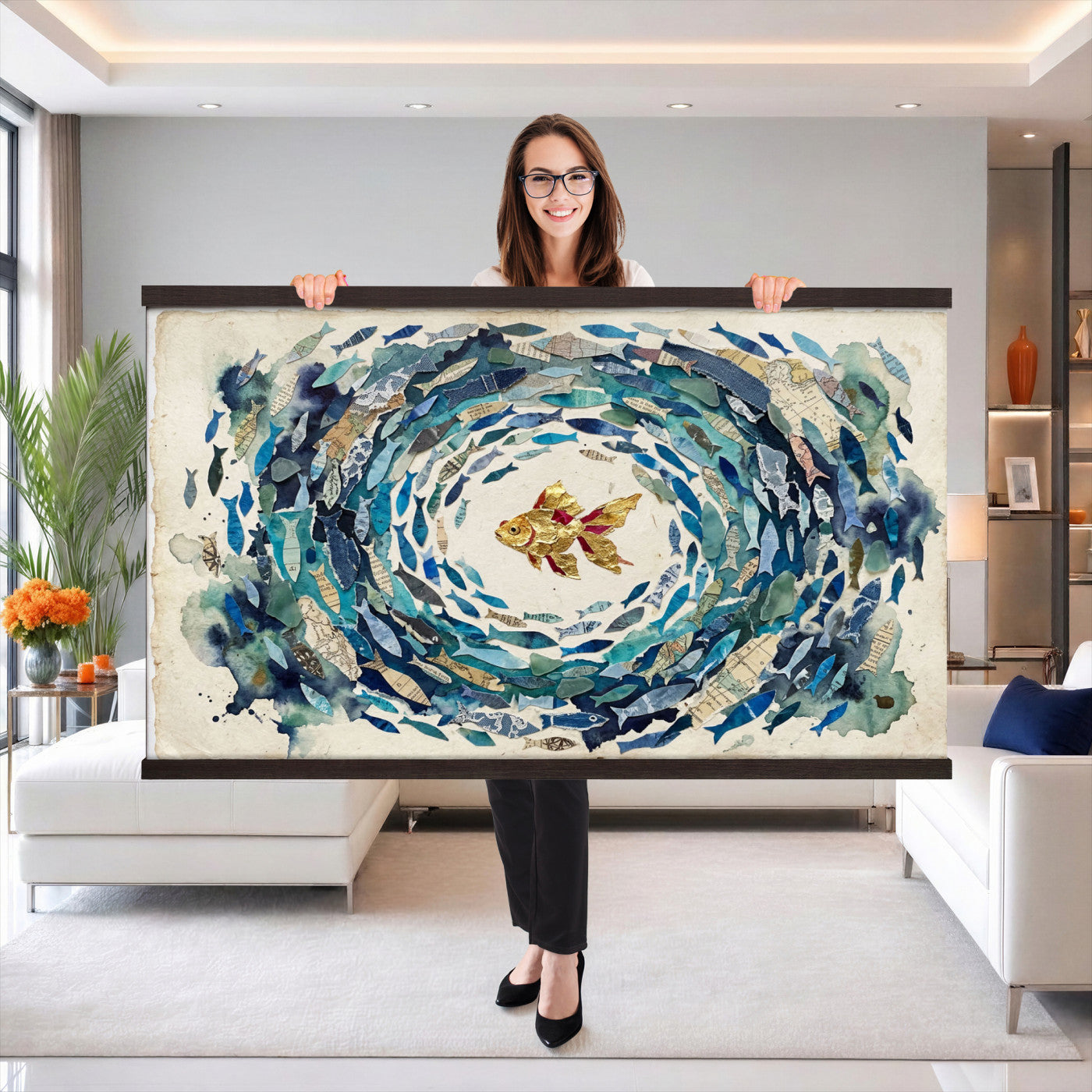 73165663TT-MGV-TP-30X20 - Mixed Media Blue Fish Swirl Canvas Wall Art, Goldfish Collage Ocean Print