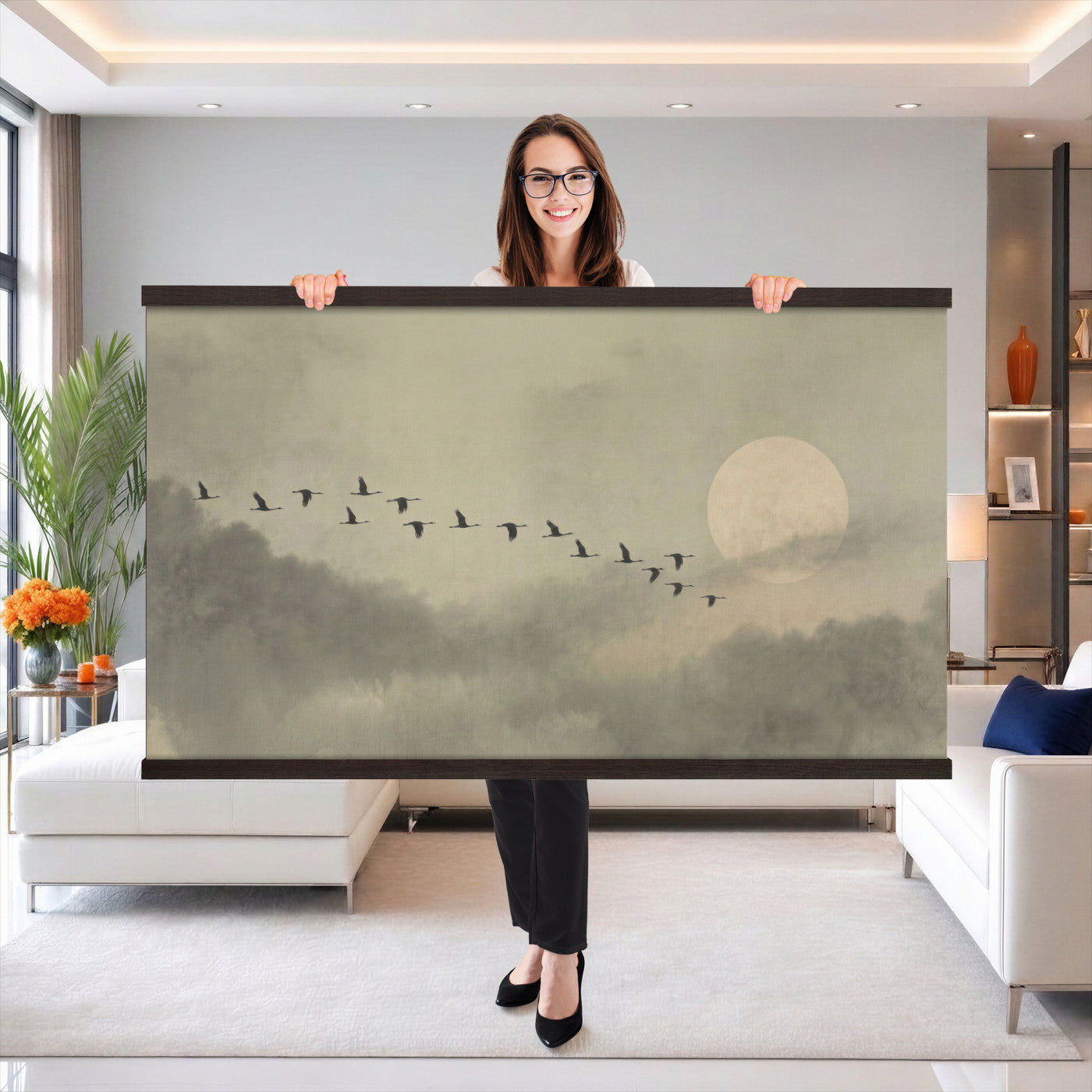 1209814BT-MGV-TP-30X20 - Flying Cranes Tapestry Wall Art, Misty Landscape with Moon, Sage Green Japandi Decor, Framed Print
