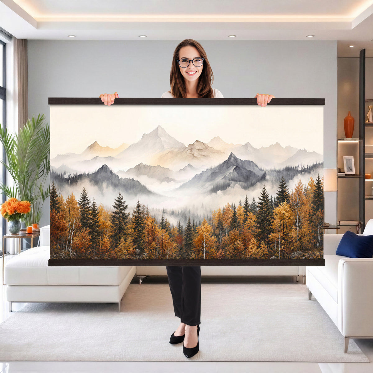 19544118-MGV-TP-30X20 - Misty Mountain Autumn Forest Canvas Wall Art - Watercolor Fall Nature Landscape Print