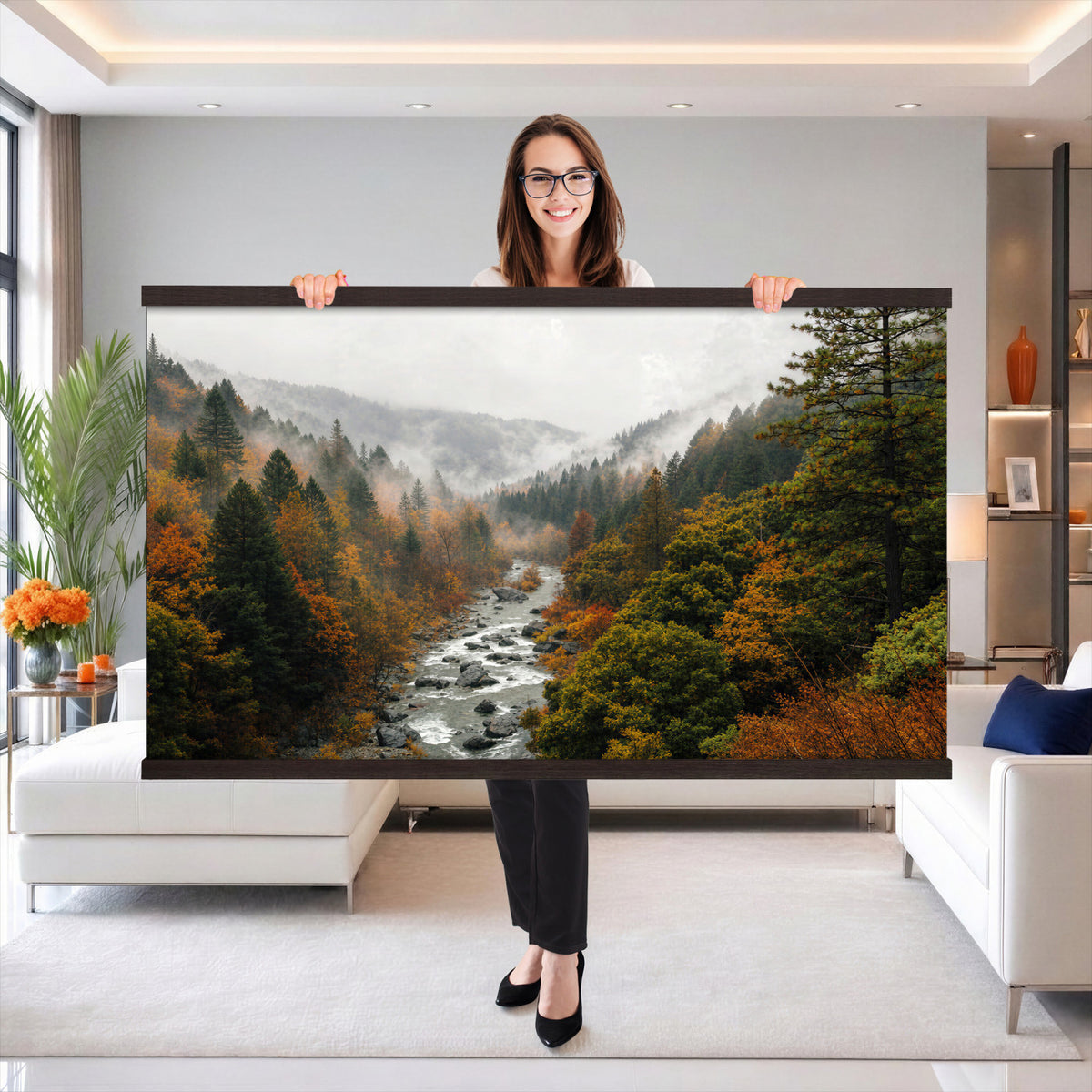 95540697-MGV-TP-30X20 - Misty River Mountain Valley Canvas Wall Art - Autumn Forest Landscape Nature Print