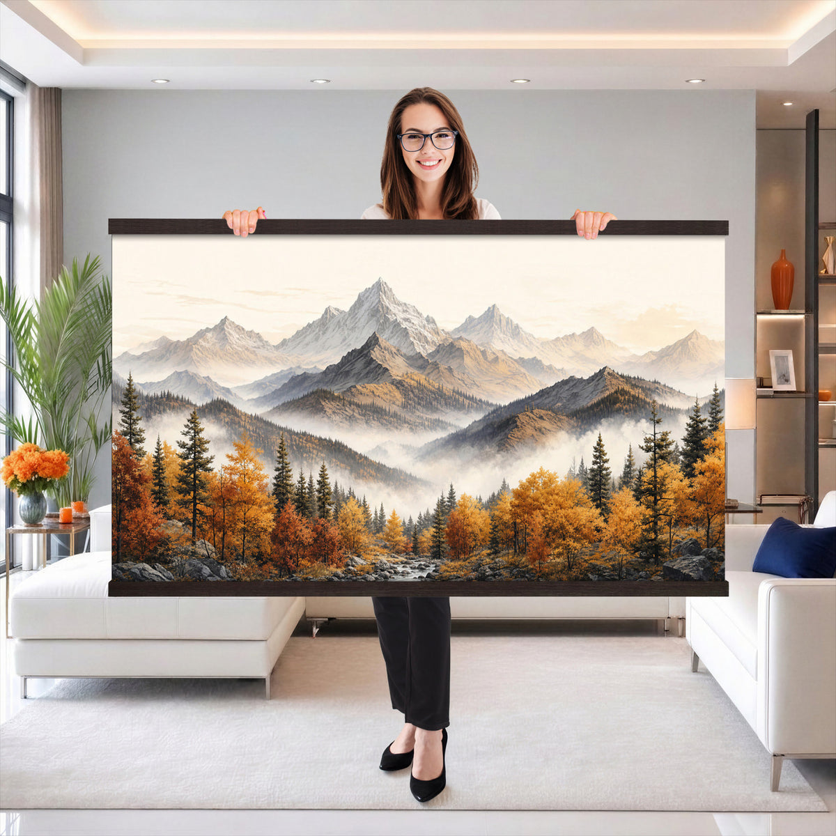 21309099-MGV-TP-30X20 - Extra Large Misty Mountain Autumn Forest Canvas Wall Art - Watercolor Fall Nature Landscape Print