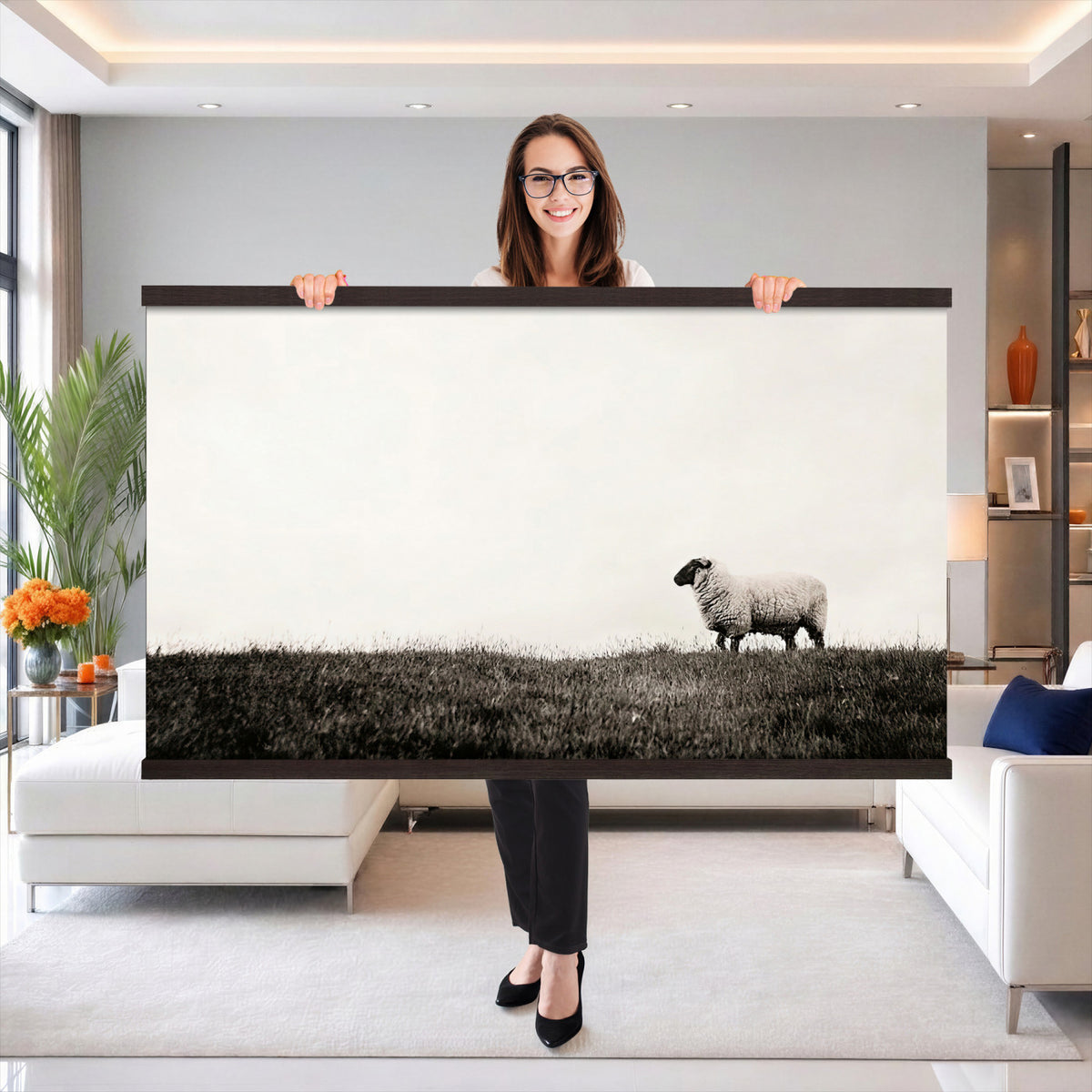 72749448-MGV-TP-30X20 - Minimalist Sepia Sheep Canvas Wall Art - Rustic Farmhouse Country Landscape Print