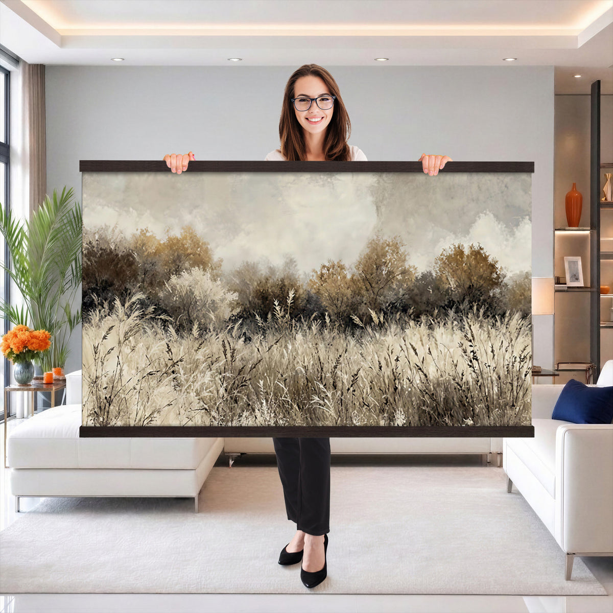 53959945-MGV-TP-30X20 - Muted Neutral Forest Landscape Canvas Wall Art - Vintage Rustic Wildflower Meadow Print