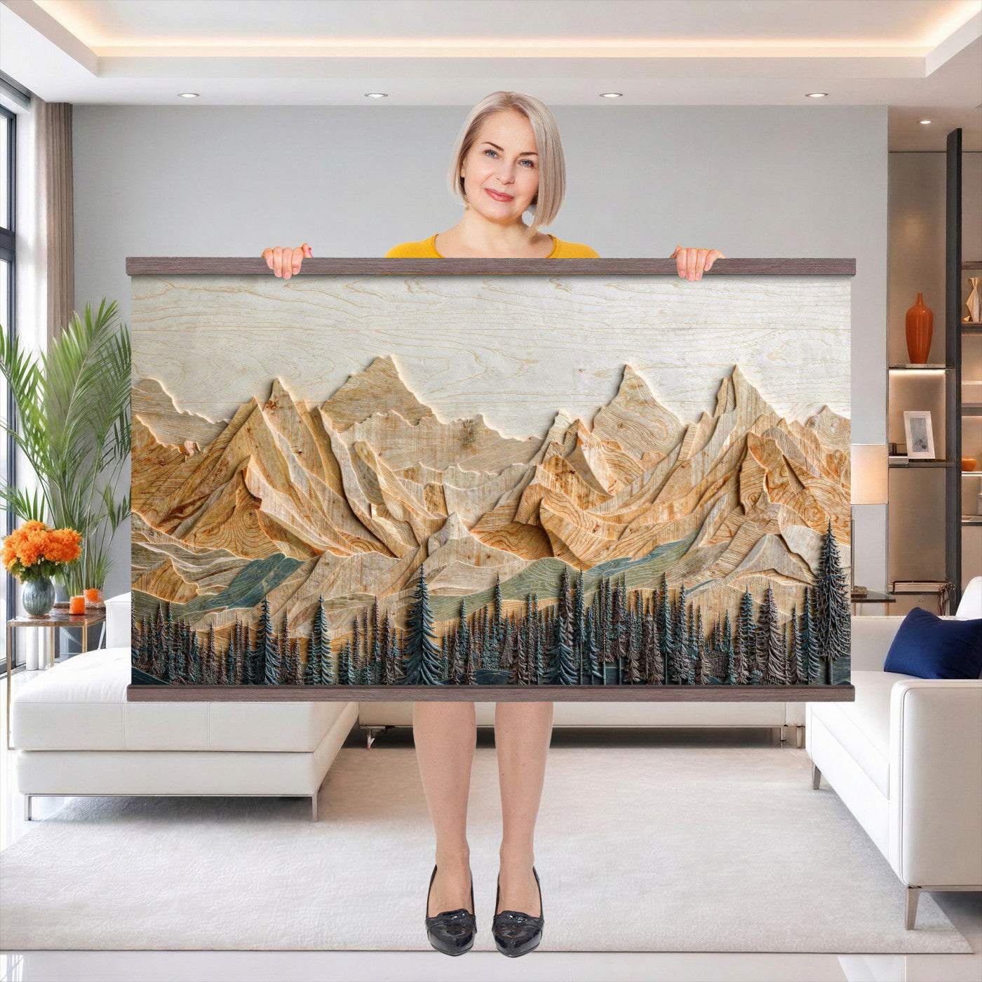 66676213-MGV-TP-30X20 - Geometric Wood Mountain Wall Art Canvas Print, 3D Look Rustic Mosaic Landscape Print