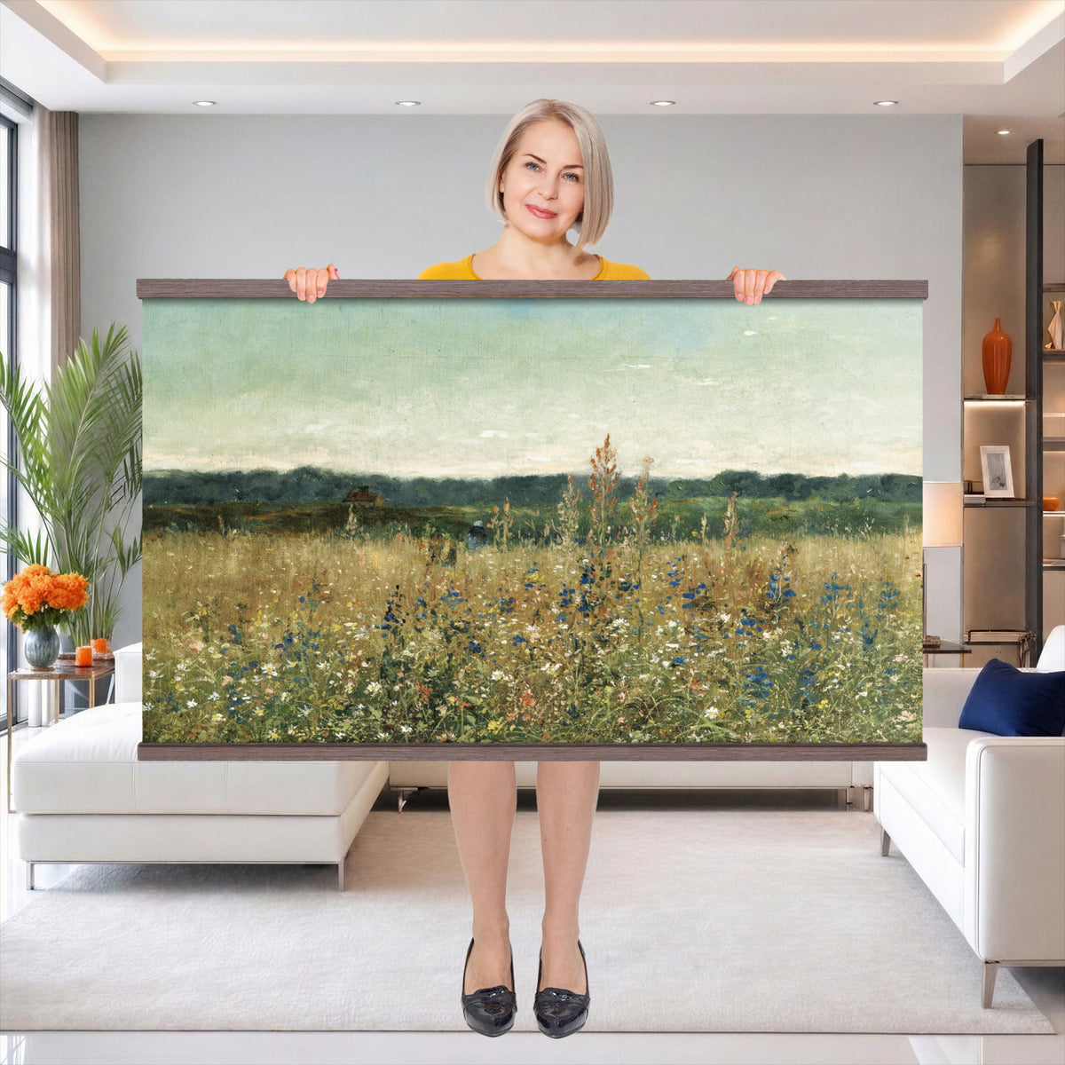 78325586-MGV-TP-30X20 - Realism oil painting tapestry wall hanging of "Champ fleuri" by Antoine Chintreuil, showing a wide flowering field running toward a low horizon, with soft scattered blooms and a pale open sky in soft white and green field tones under a pale luminous sky. Extra large wall art, made in the USA.