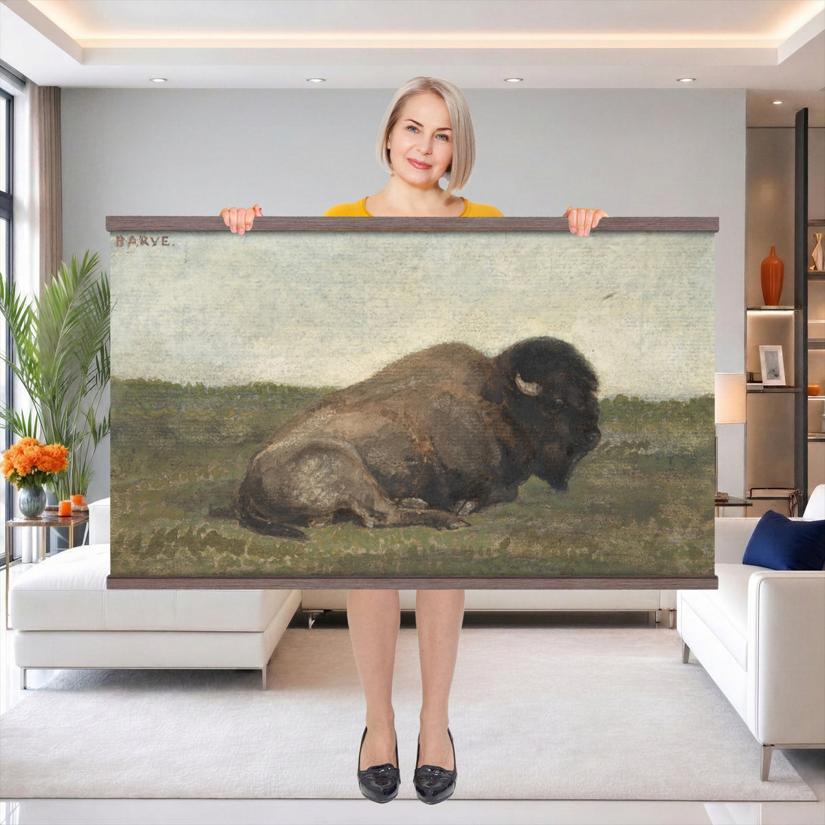 59987270-MGV-TP-30X20 - Realism oil painting tapestry wall hanging of "Bison Lying Down" by Antoine-Louis Barye, showing a heavy bison at rest on open prairie ground, painted with weight and quiet animal presence in deep brown bison coat against muted prairie grass and a low sky. Extra large wall art, made in the USA.