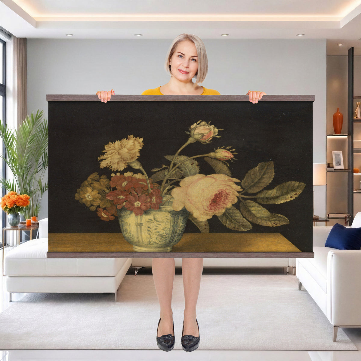 41160341-MGV-TP-30X20 - Impressionism oil painting tapestry wall hanging of "Golden Roses" by Olga Boznanska, showing a loose bunch of golden yellow roses in a glass vase, painted with soft dissolving edges against a warm ground in warm golden-yellow rose petals against a soft muted brown background. Extra large wall art, made in the USA.