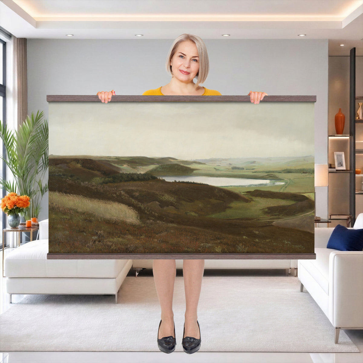 13706816-MGV-TP-30X20 - Expressionism oil painting tapestry wall hanging of "Dunes" by James Ensor, showing a steep dune ridge cutting across the canvas, with wind-bent grasses and a heavy sky pressing down behind it in muted sand and olive dune tones under a dark weighted sky. Extra large wall art, made in the USA.