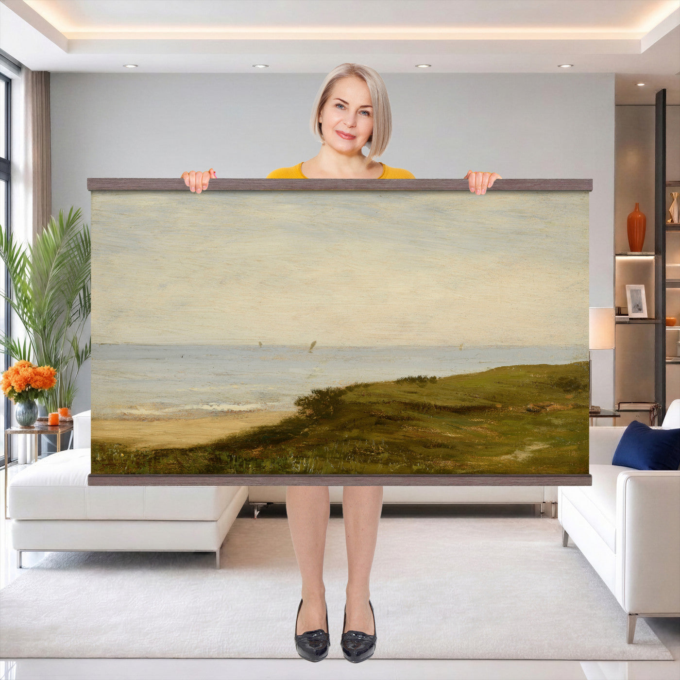 33440930-MGV-TP-30X20 - Impressionism oil painting tapestry wall hanging of "Beach Dunes" by Max Clarenbach, showing low rolling sand dunes topped with pale beach grass, opening toward a quiet sea under a wide soft sky in pale sand tones and dune grass under a wide soft blue-grey sky. Extra large wall art, made in the USA.