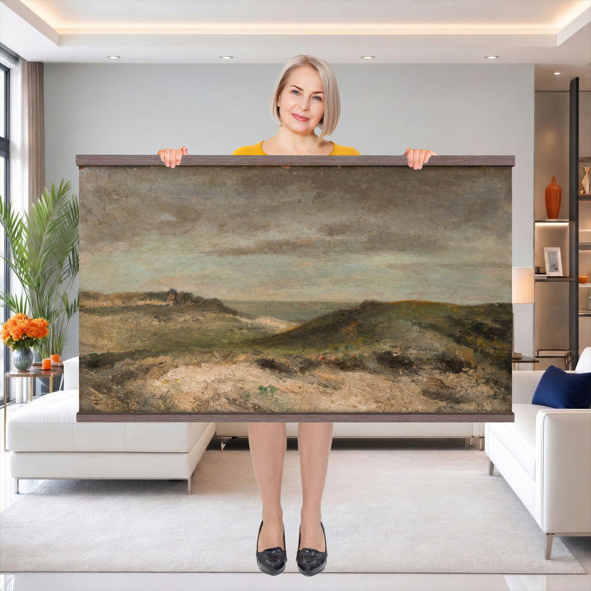68383237-MGV-TP-30X20 - Expressionism oil painting tapestry wall hanging of "Dunes" by James Ensor, showing a steep dune ridge cutting across the canvas, with wind-bent grasses and a heavy sky pressing down behind it in muted sand and olive dune tones under a dark weighted sky. Extra large wall art, made in the USA.