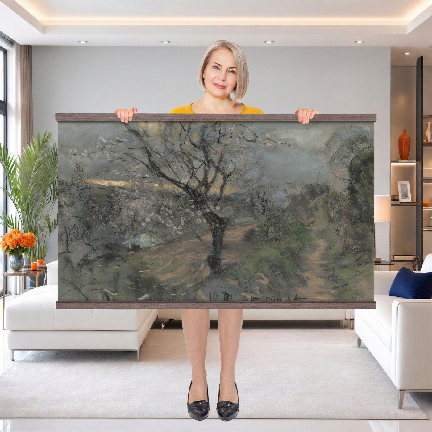 39102913-MGV-TP-30X20 - Realism charcoal and pastel sketch tapestry wall hanging of "Fields with Trees in Blossom" by Francesco Paolo Michetti, showing a dark country road running between blossoming trees, drawn in heavy charcoal under a low stormy sky in deep charcoal greys and blacks with pale blossom highlights. Extra large wall art, made in the USA.