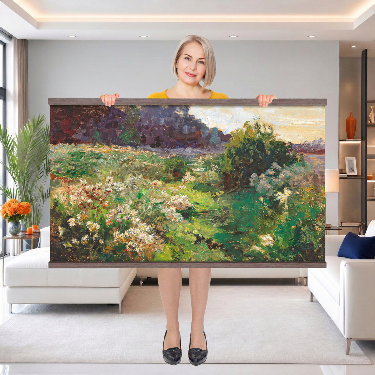44961601-MGV-TP-30X20 - Impressionism oil painting tapestry wall hanging of "Flowering Meadow" by Olga Wisinger-Florian, showing a bright meadow of white wildflowers and green bushes rising toward a shaded purple hillside in white wildflowers and green bushes under a purple forest hillside. Extra large wall art, made in the USA.