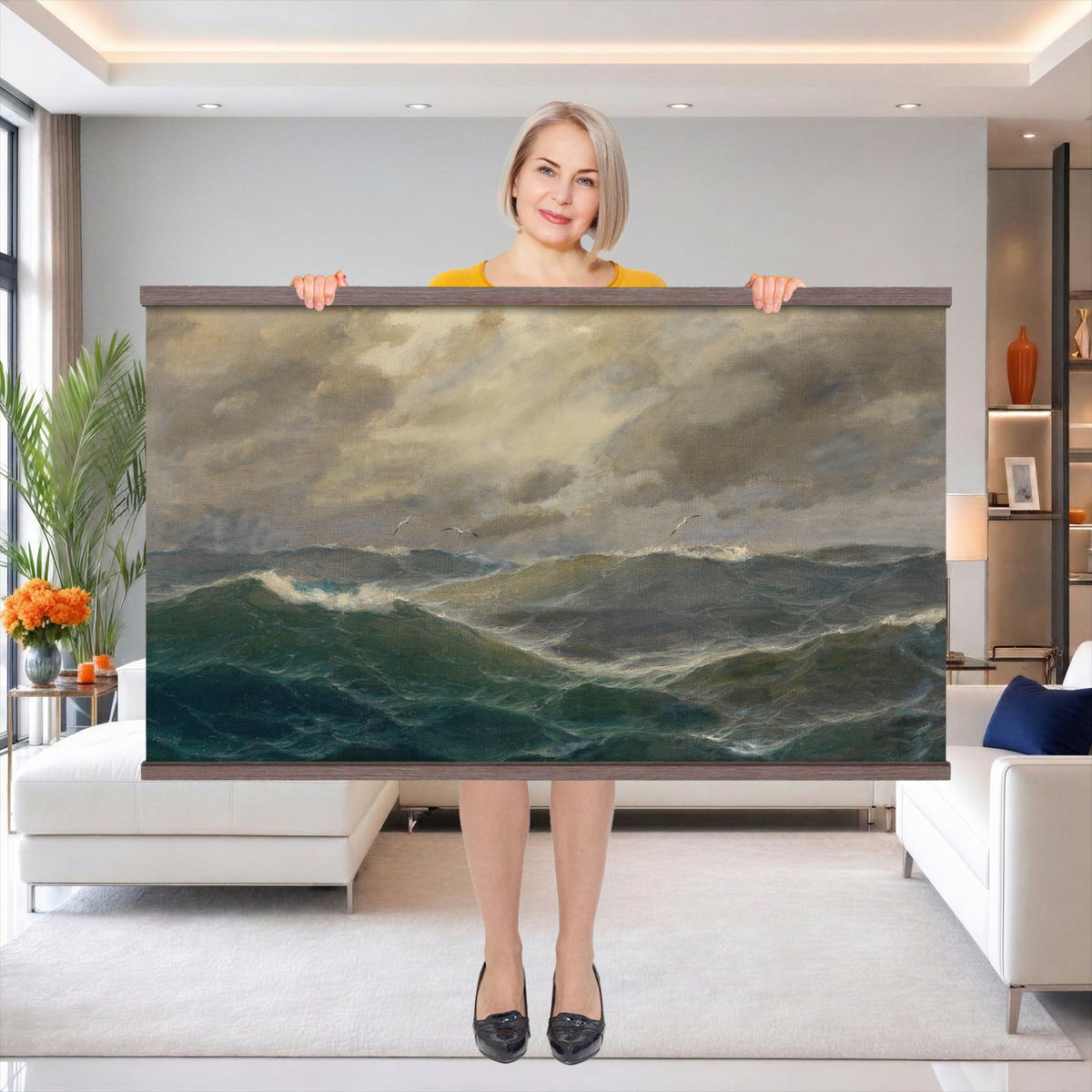 93539190-MGV-TP-30X20 - Realism oil painting tapestry wall hanging of "Stormy Sea" by Alfred Jensen, showing heavy breaking waves rolling under a dark storm sky, with white foam catching the last light on the water in deep grey-green waves with white foam under a heavy storm sky. Extra large wall art, made in the USA.