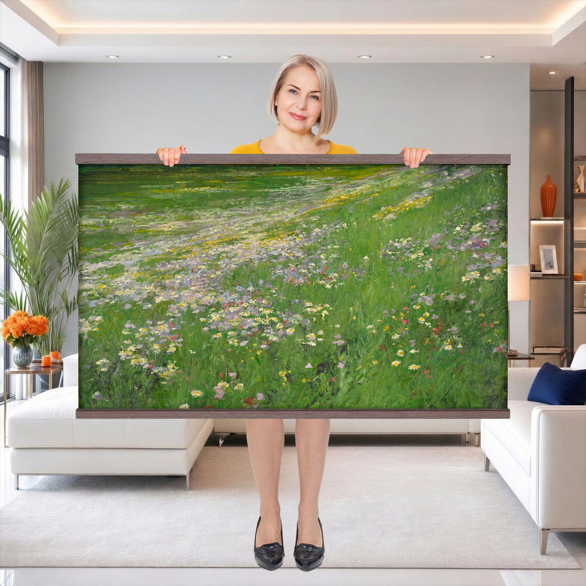 63535040-MGV-TP-30X20 - Impressionism oil painting tapestry wall hanging of "Wildflower Meadow", showing a wide meadow of daisies and summer wildflowers, painted in quick color strokes under warm open light in white daisies and yellow blooms across fresh green grass. Extra large wall art, made in the USA.