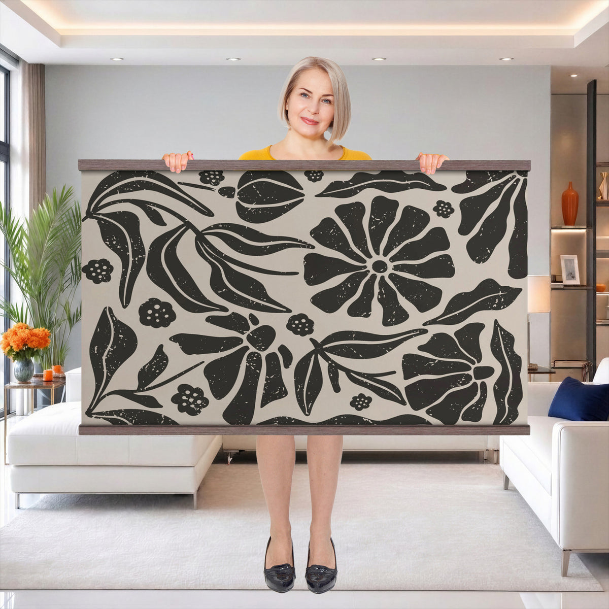 21342917-MGV-TP-30X20 - Mid Century Modern linocut print tapestry wall hanging of "Abstract Floral Linocut", showing simplified flower heads and stems cut into bold black shapes against clean white space in bold black shapes on a bright white ground. Extra large wall art, made in the USA.